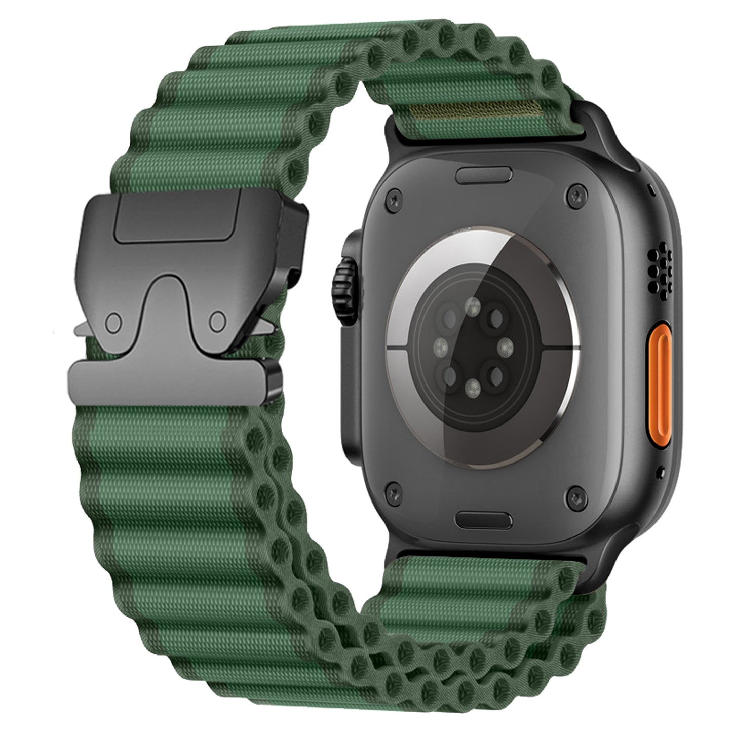 Rückansicht des arktisband Apple Watch Armbands "CoreX" in grünem Wave-Look mit schwarzem Gehäuse, wobei der Sensor und die Details der Parachute-Verschluss-Schnalle hervorgehoben werden.