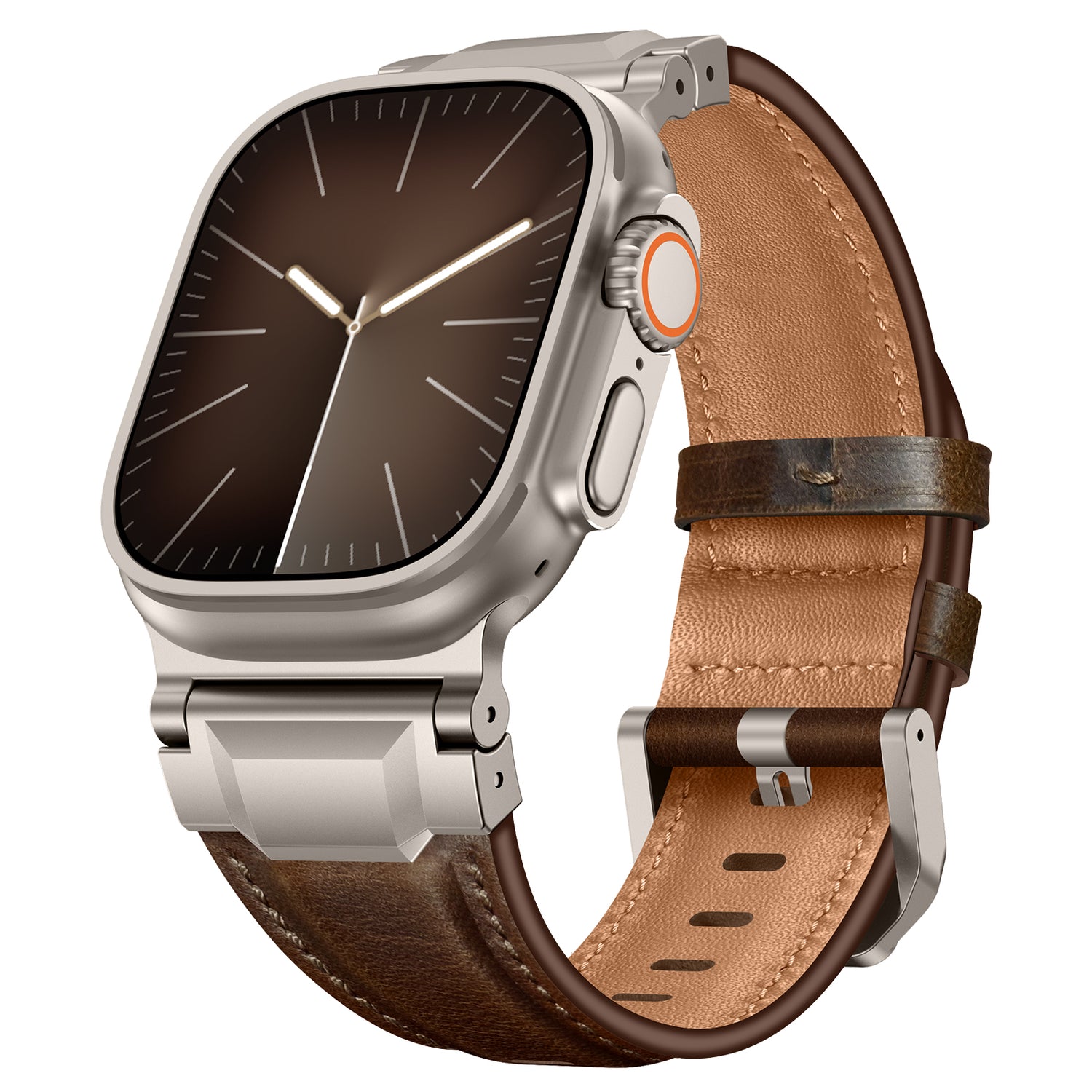 Ein modernes Arktisband Apple Watch Ultra mit dem "Delta" braunen Lederarmband und einem dunklen, minimalistischen Zifferblatt.