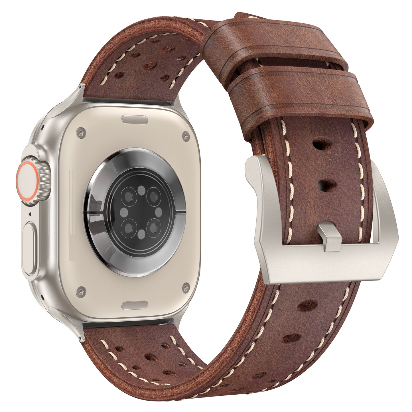 Ein arktisband Apple Watch Lederarmband "Toronto" in braun, mit atmungsaktiven Perforationen und einer silbernen Schnalle, wird von hinten gezeigt.
