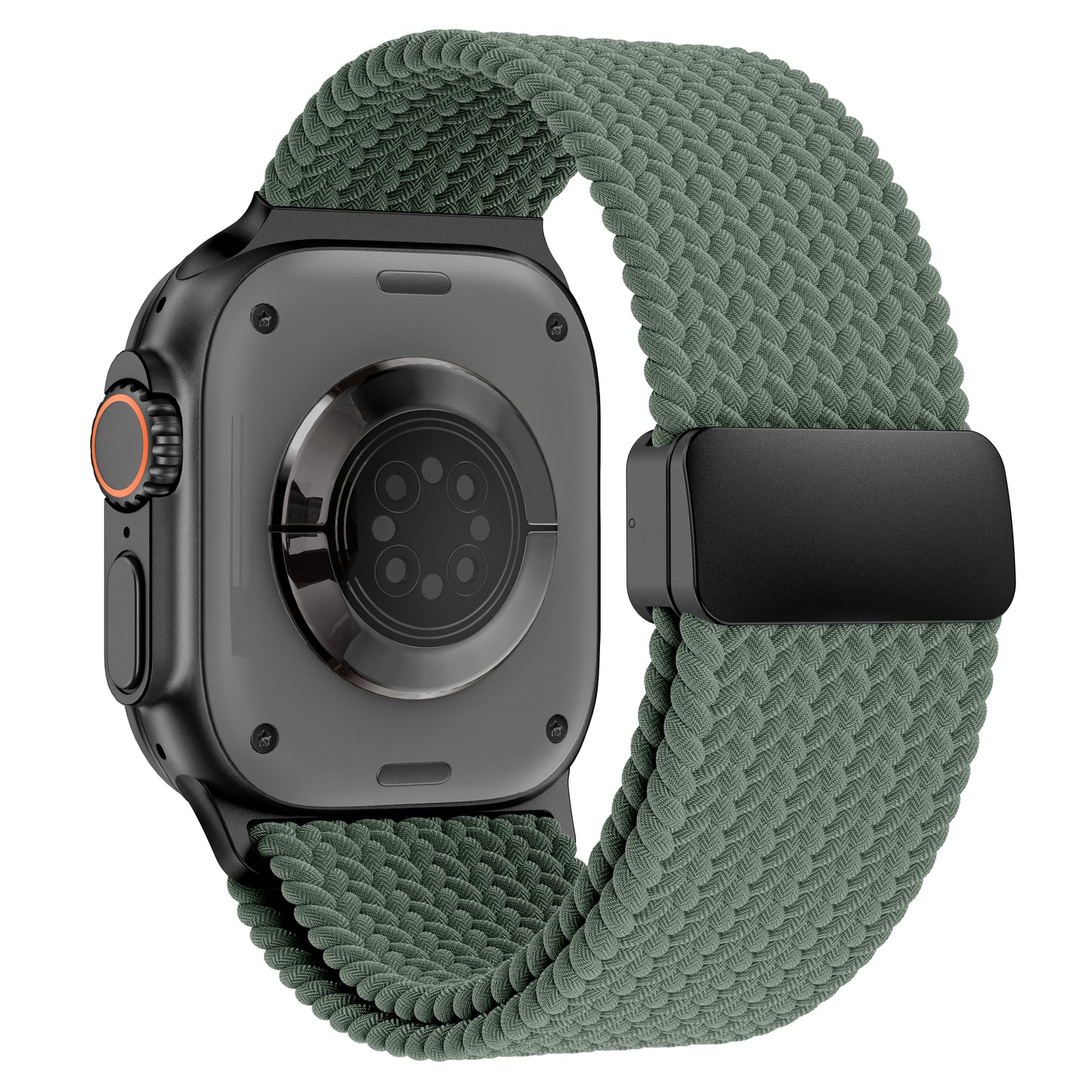 Rückansicht des Arktisbandes Geflochtenes Apple Watch Ultra Armband "Casual" in grün mit Magnetverschluss und schwarzem Gehäuse, Hervorhebung der Sensoren und der digitalen Krone.