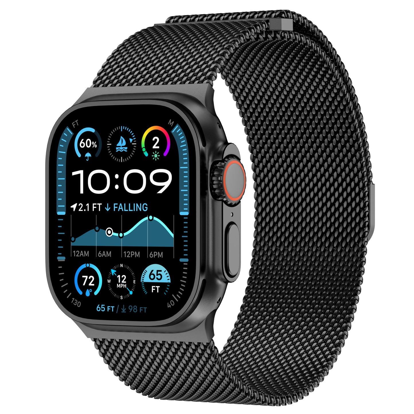 Das arktisband Apple Watch Ultra Milanaise Armband "Bold" von arktisband ist ein schwarzes Edelstahl-Meshband mit Magnetverschluss, das auf einer Smartwatch abgebildet ist, die Fitness- und Wetterdaten auf einem farbigen Bildschirm anzeigt.