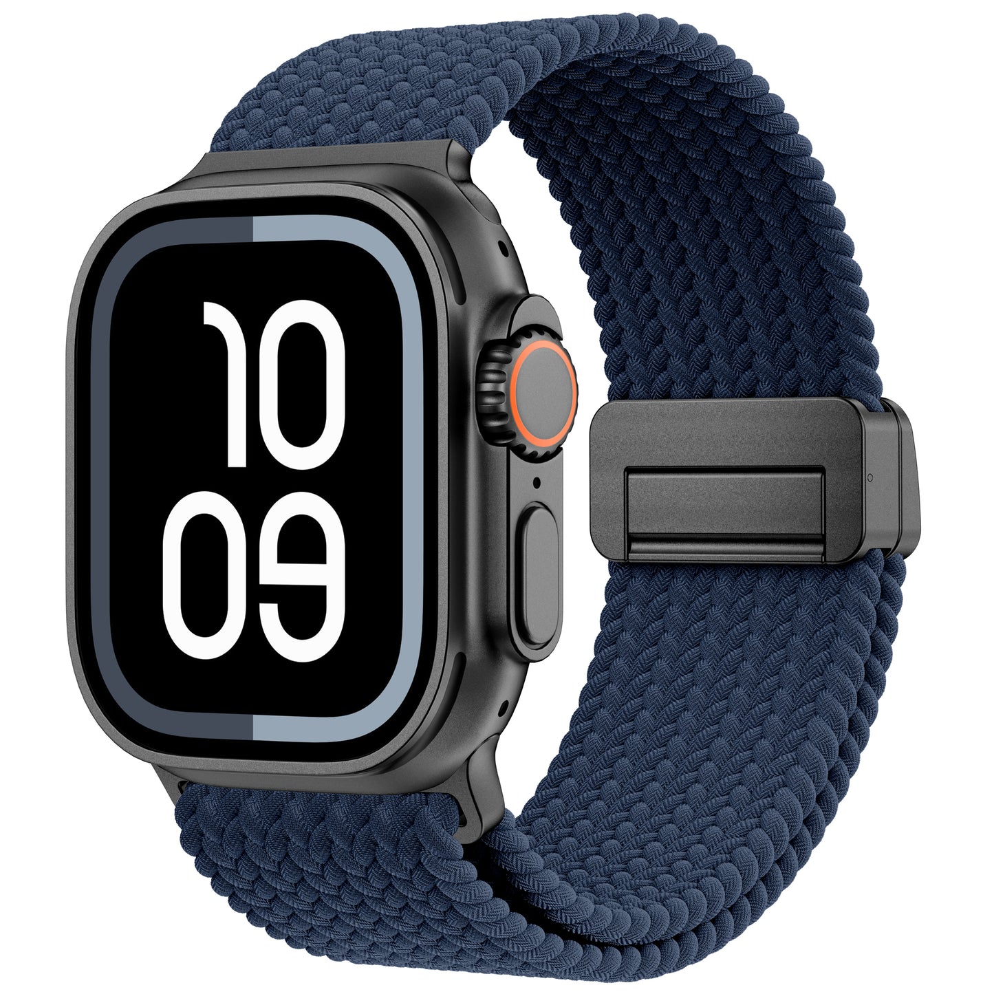 Das arktisband Geflochtenes Apple Watch Ultra Armband "Casual" mit Magnetverschluss verleiht Ihrer Smartwatch Komfort und Stil mit seinem dunkelblauen geflochtenen Design, das das schwarze Gehäuse und die große Digitalanzeige perfekt ergänzt.
