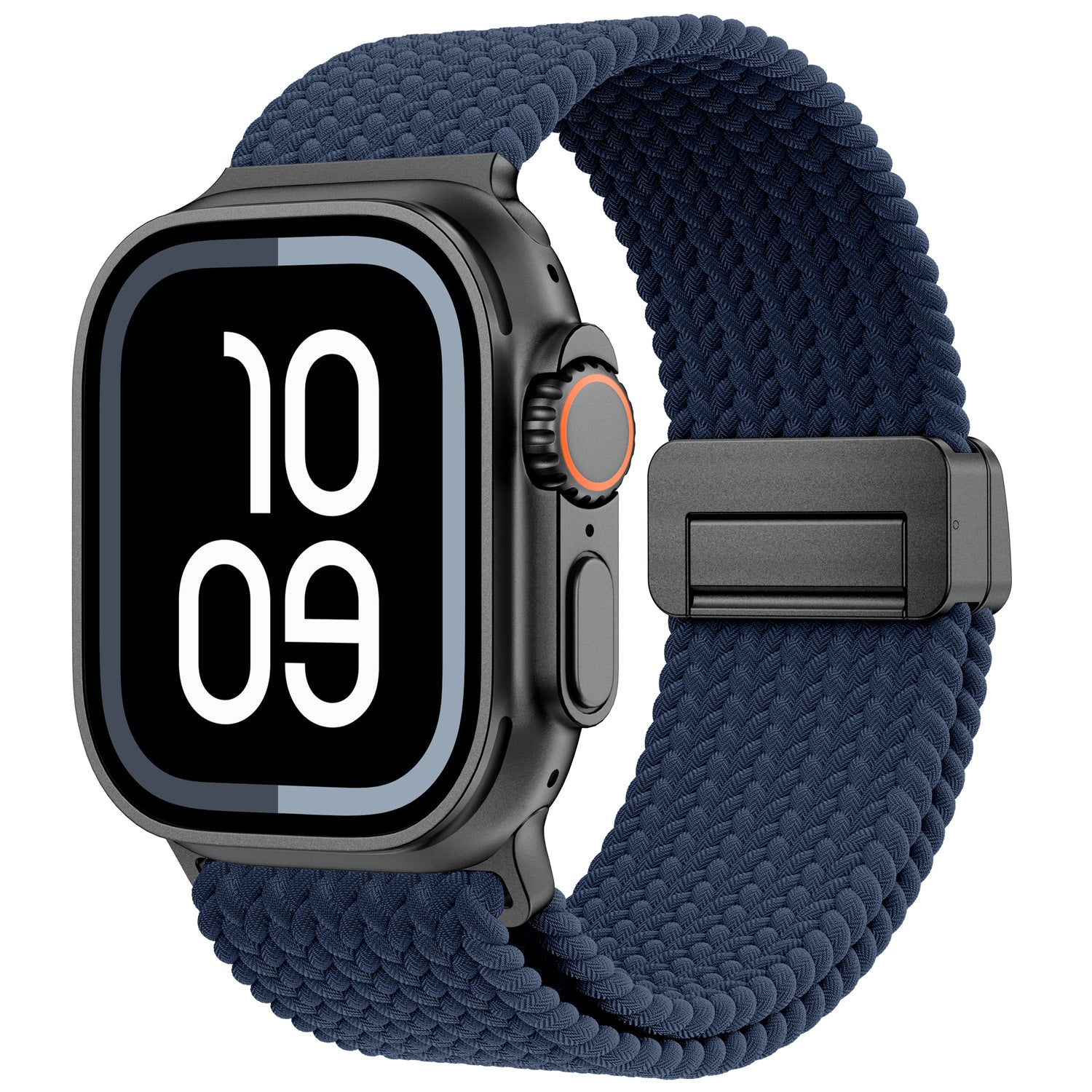 Das arktisband Geflochtenes Apple Watch Ultra Armband "Casual" mit Magnetverschluss verleiht Ihrer Smartwatch Komfort und Stil mit seinem dunkelblauen geflochtenen Design, das das schwarze Gehäuse und die große Digitalanzeige perfekt ergänzt.