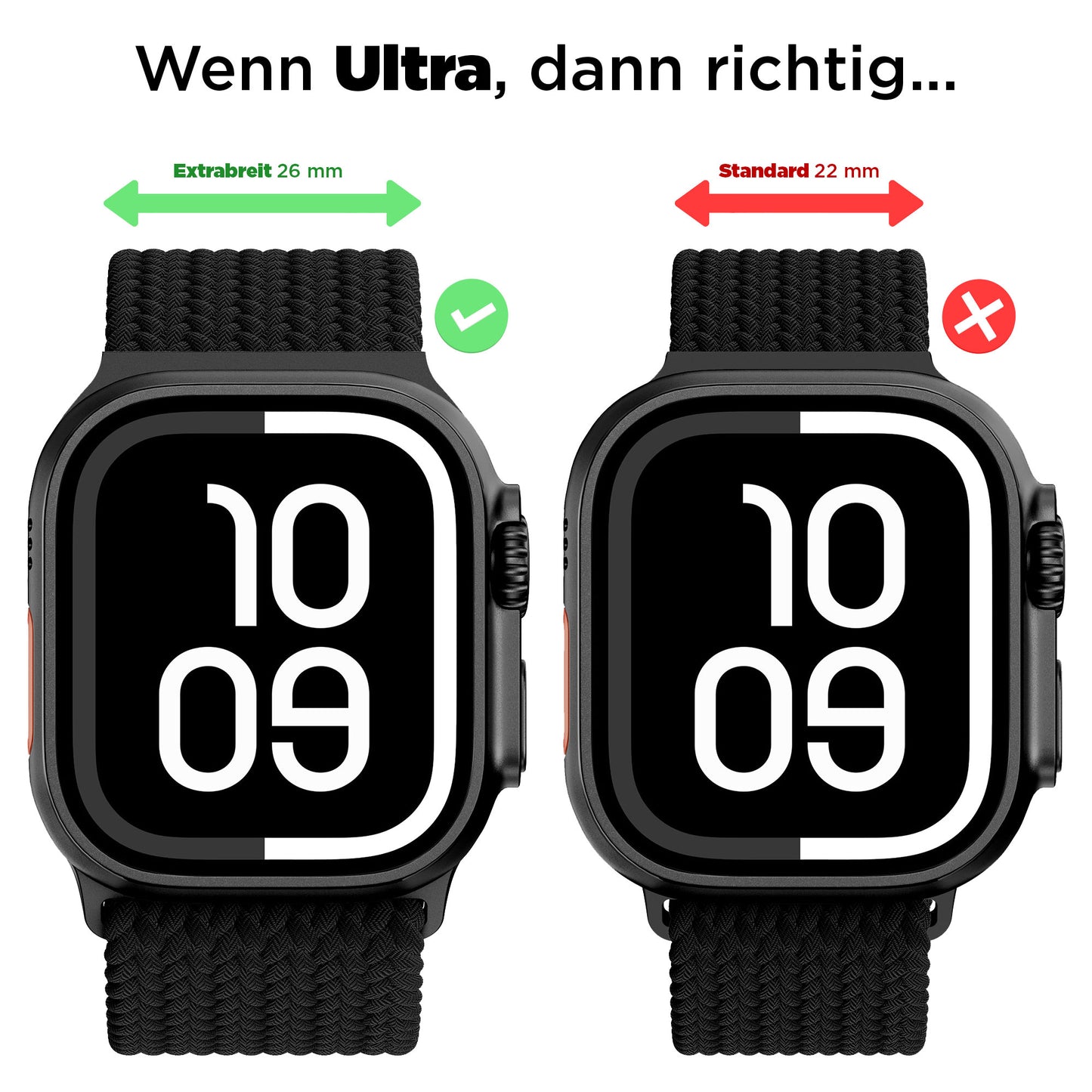 Das arktisband Geflochtenes Apple Watch Ultra Armband "Casual" mit Magnetverschluss ist in den Größen 26mm extra breit und 22mm Standard erhältlich, gefertigt aus strapazierfähigem, komfortablem geflochtenem Polyestergarn.