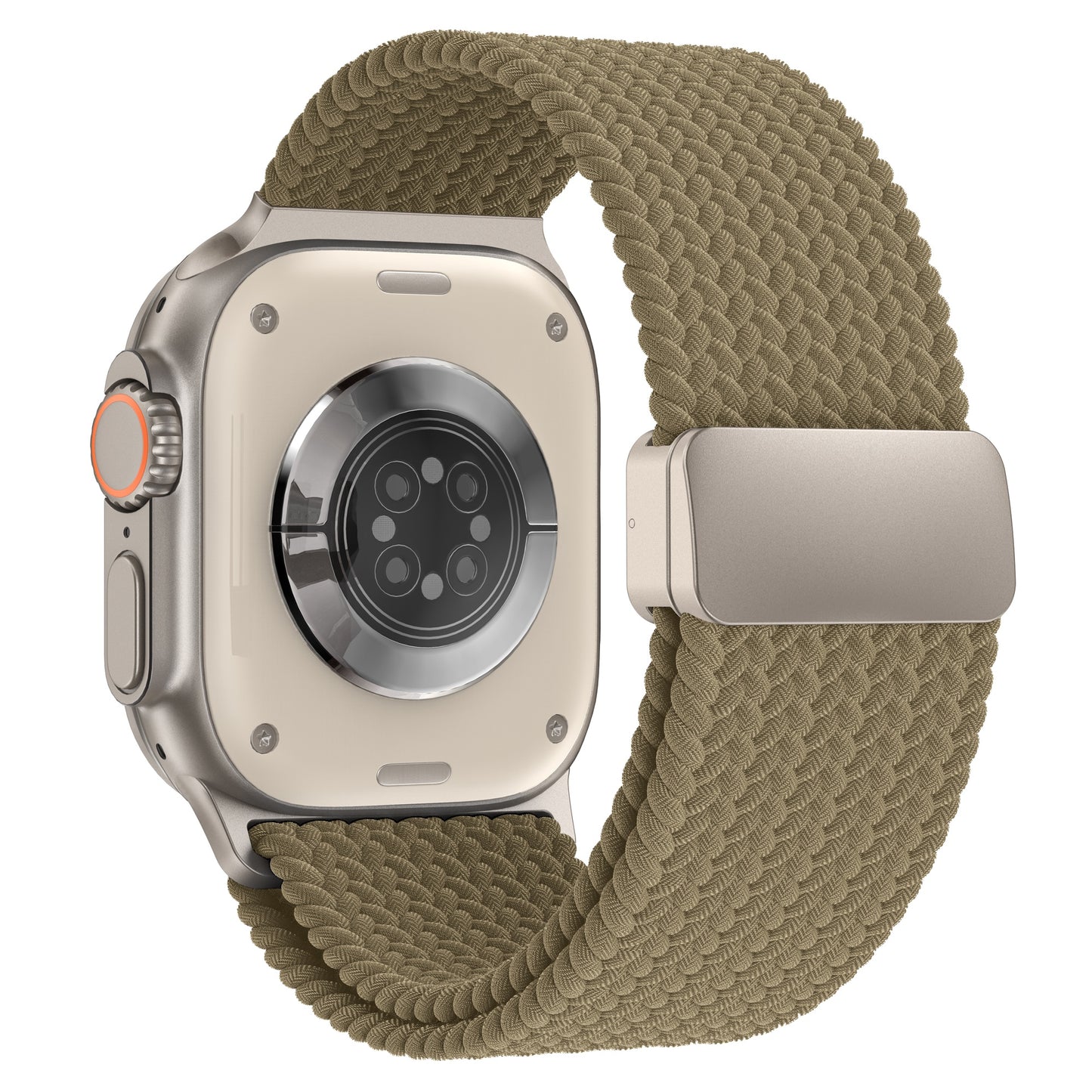 Rückansicht eines arktisband Geflochtenes Apple Watch Ultra-Armbands Casual mit einem olivgrünen, geflochtenen Magnetarmband.