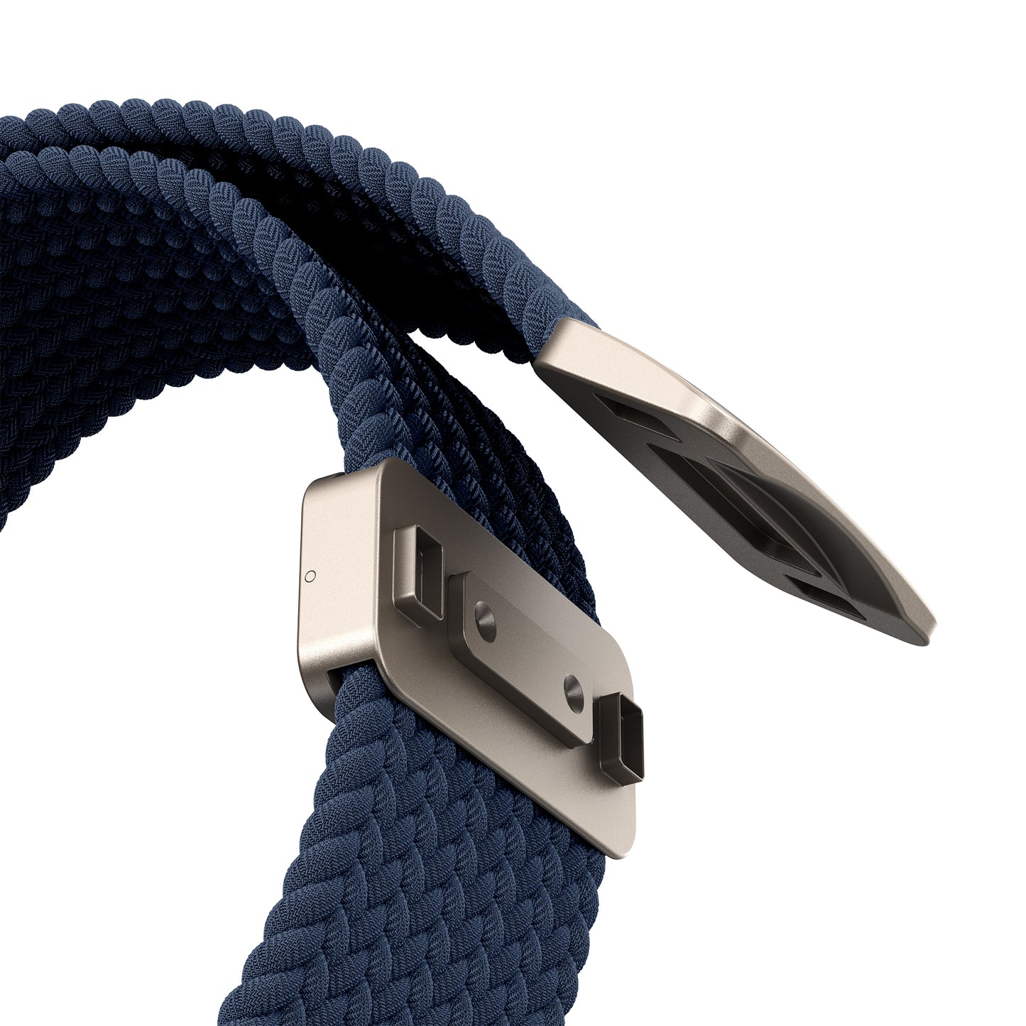 Nahaufnahme des Arktisbandes Geflochtenes Apple Watch Ultra Armband "Casual" in marineblau, mit Magnetverschluss und Stecker.