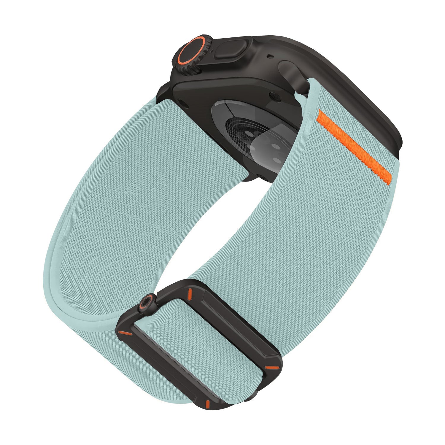 Das arktisband Apple Watch Nylonarmband "FlexOne" von arktisband hat ein hellblaues Stretch-Nylonarmband mit orangefarbenen Akzenten, hier von hinten und von der Seite.