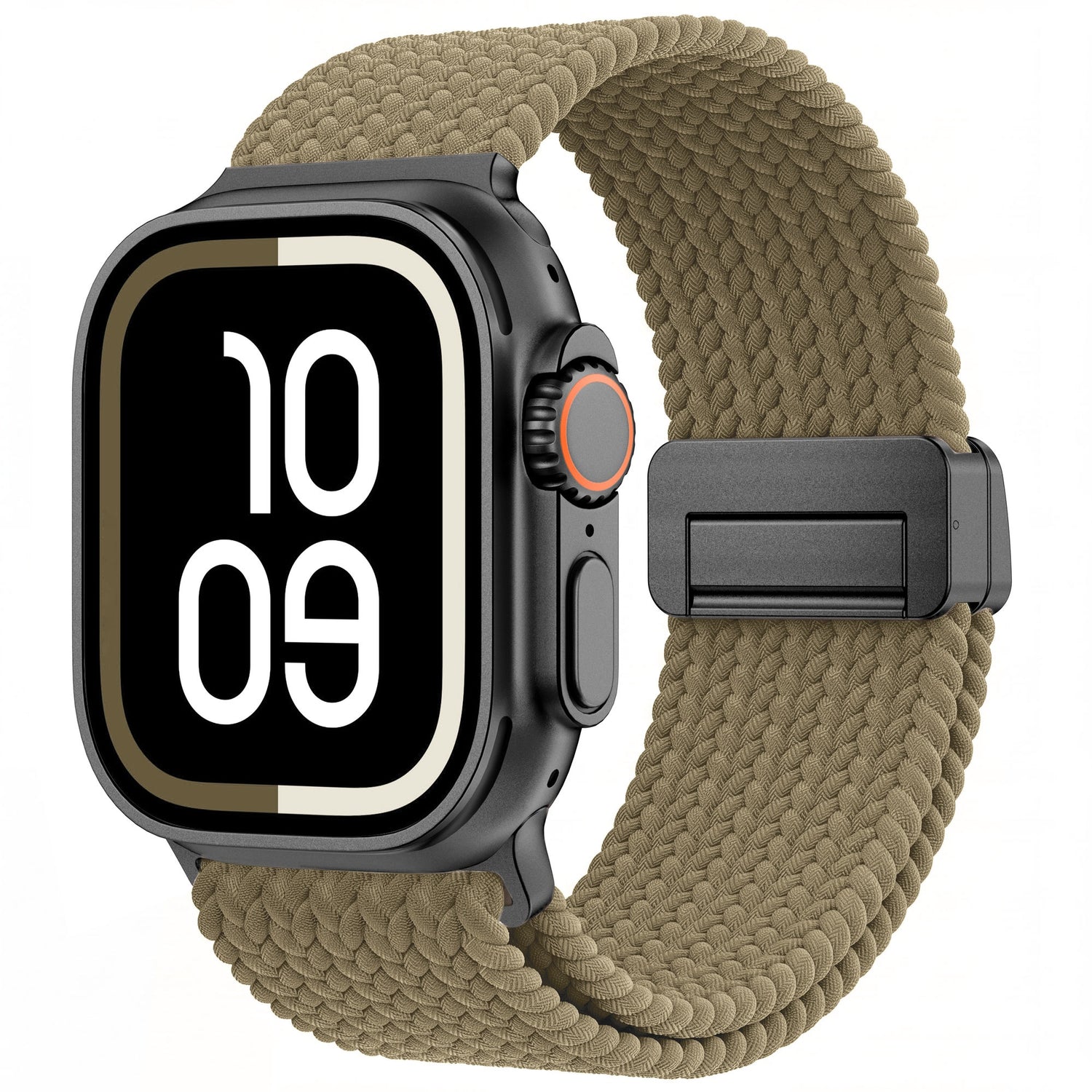 Arktisband Geflochtenes Apple Watch Ultra-Armband Casual mit einem olivgrünen, geflochtenen Armband und einem schwarzen Magnetverschluss.