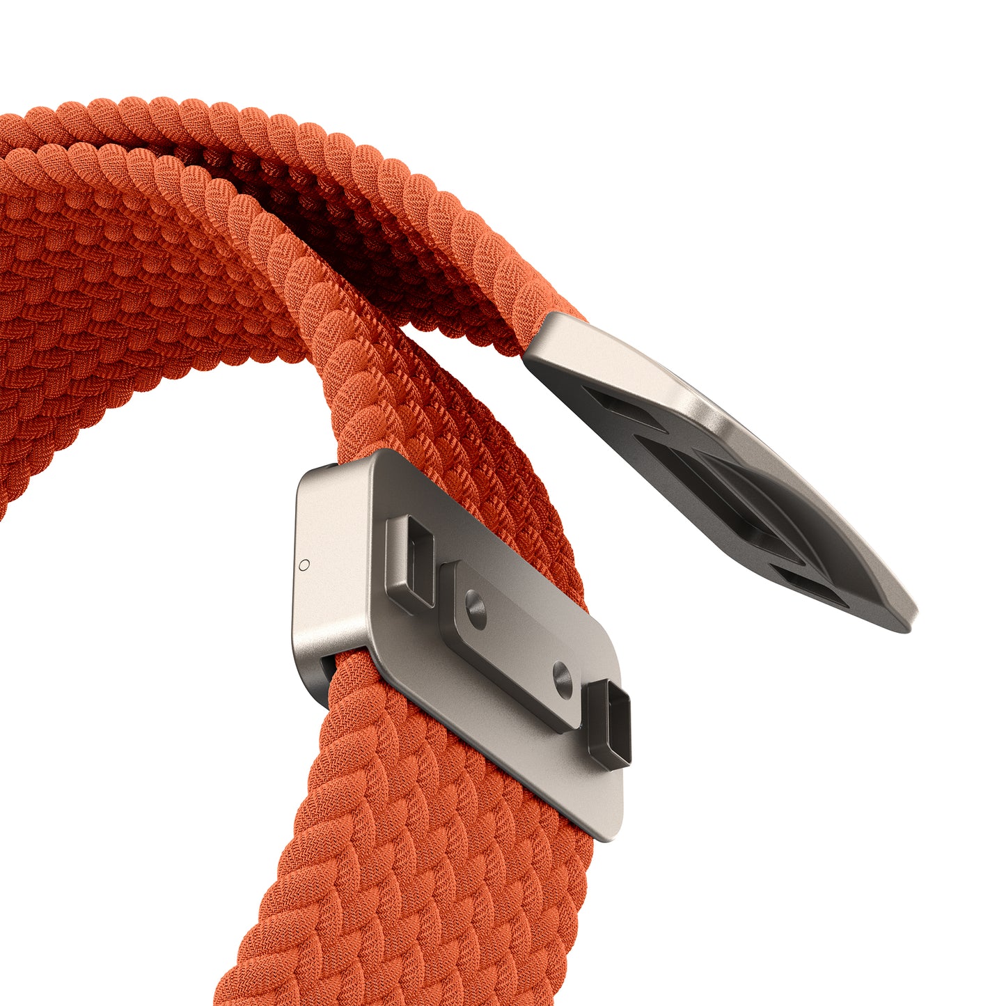 Nahaufnahme des Arktisbandes Geflochtenes Apple Watch Ultra Armband "Casual" in Orange, mit silbernem Stecker und praktischem Magnetverschluss.