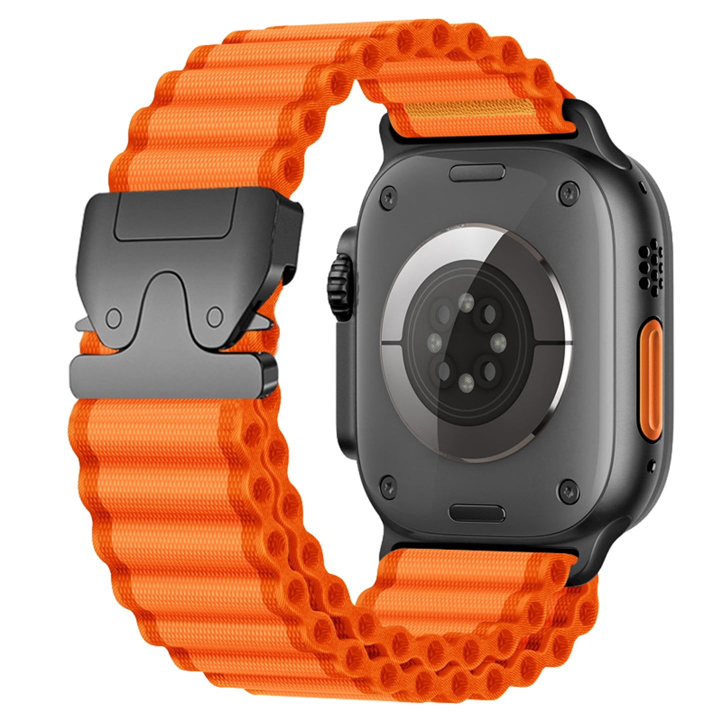 Das arktisband Apple Watch Armband "CoreX" verfügt über ein schwarzes Gehäuse, ein orangefarbenes strukturiertes Armband, sichtbare Rückensensoren und einen sicheren Fallschirm-Verschluss.