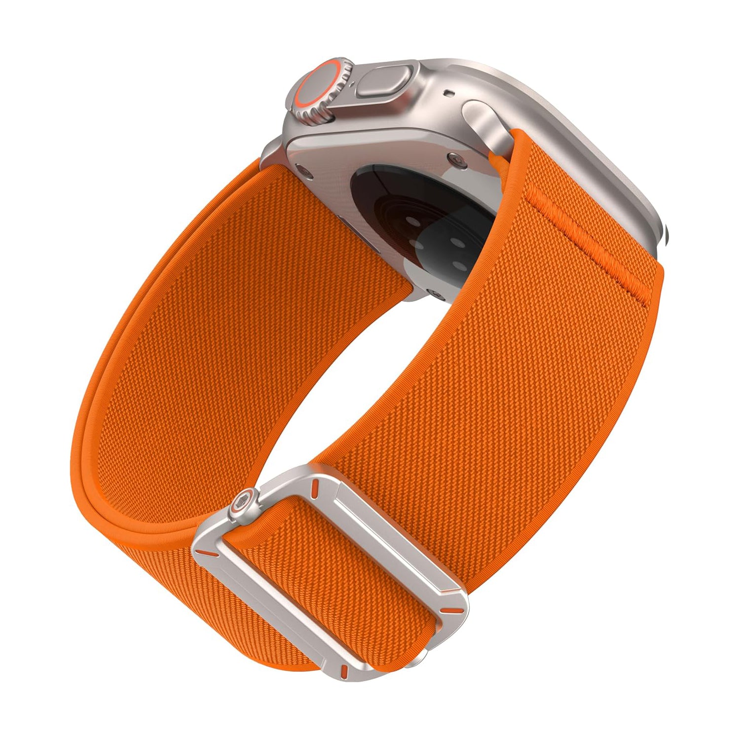 Ein Arktisband Apple Watch Nylonarmband "FlexOne" in leuchtendem Orange mit silbernem Rahmen, dargestellt von hinten und von der Seite.