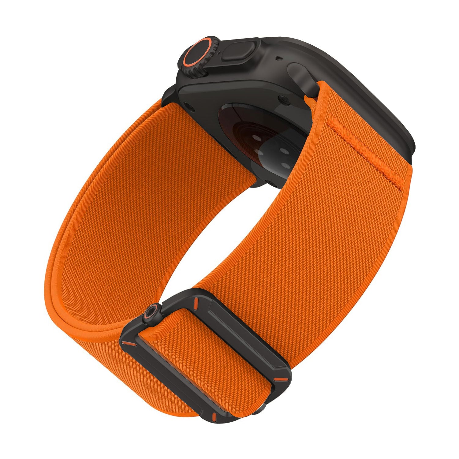 Arktisband Apple Watch mit schwarzem Gehäuse und leuchtend orangefarbenem arktisband "FlexOne" Nylonarmband, dargestellt von hinten und von der Seite.