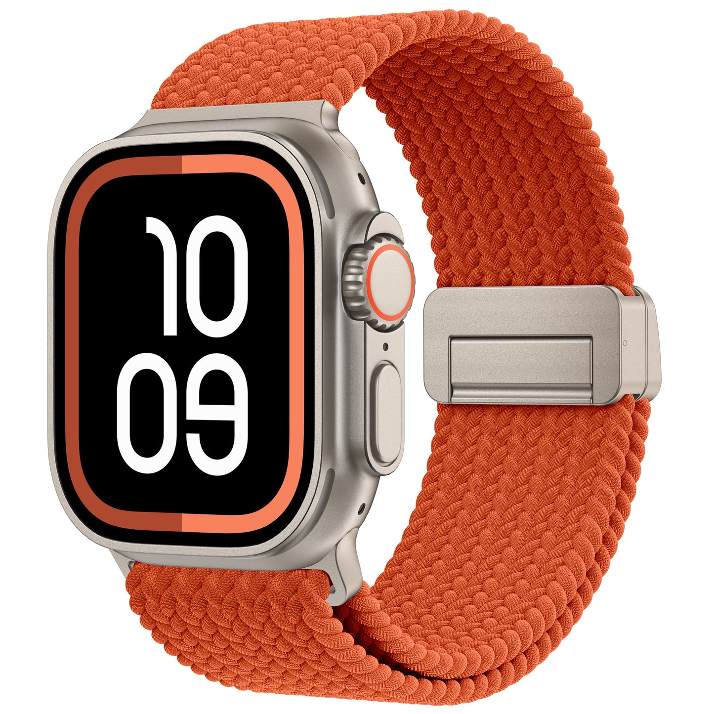 Ein arktisband Geflochtenes Apple Watch Ultra Armband "Casual" in orange, aus Polyestergarn mit Magnetverschluss, an einer Smartwatch mit der Anzeige 10:09.