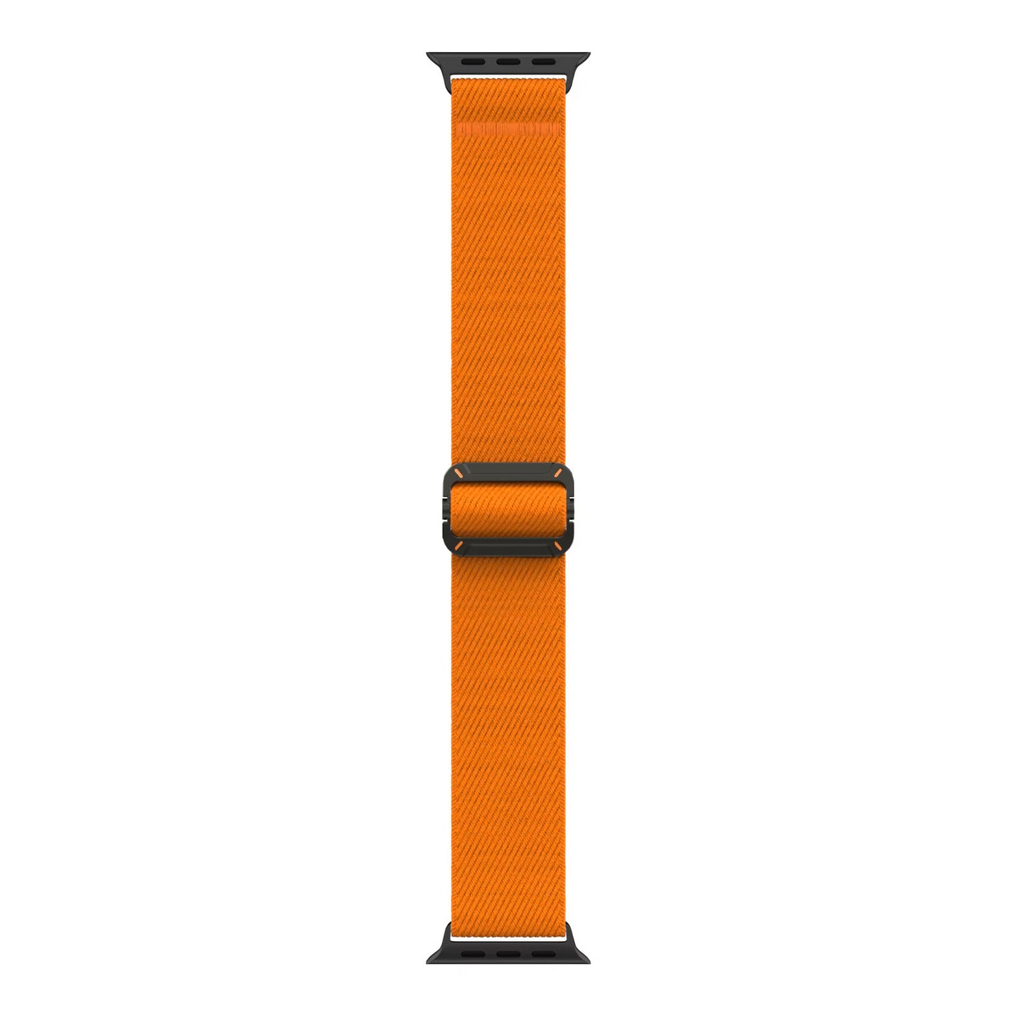 Ein orangefarbenes Arktisband Apple Watch Nylonarmband "FlexOne" mit einer schwarzen Schnalle und schwarzen Anschlüssen an beiden Enden.