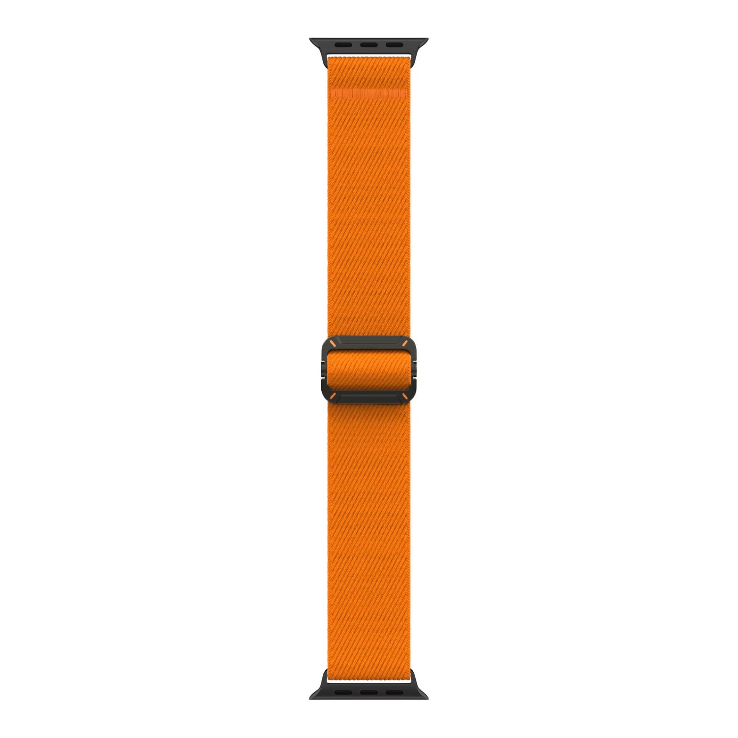 Ein orangefarbenes Arktisband Apple Watch Nylonarmband "FlexOne" mit einer schwarzen Schnalle und schwarzen Anschlüssen an beiden Enden.