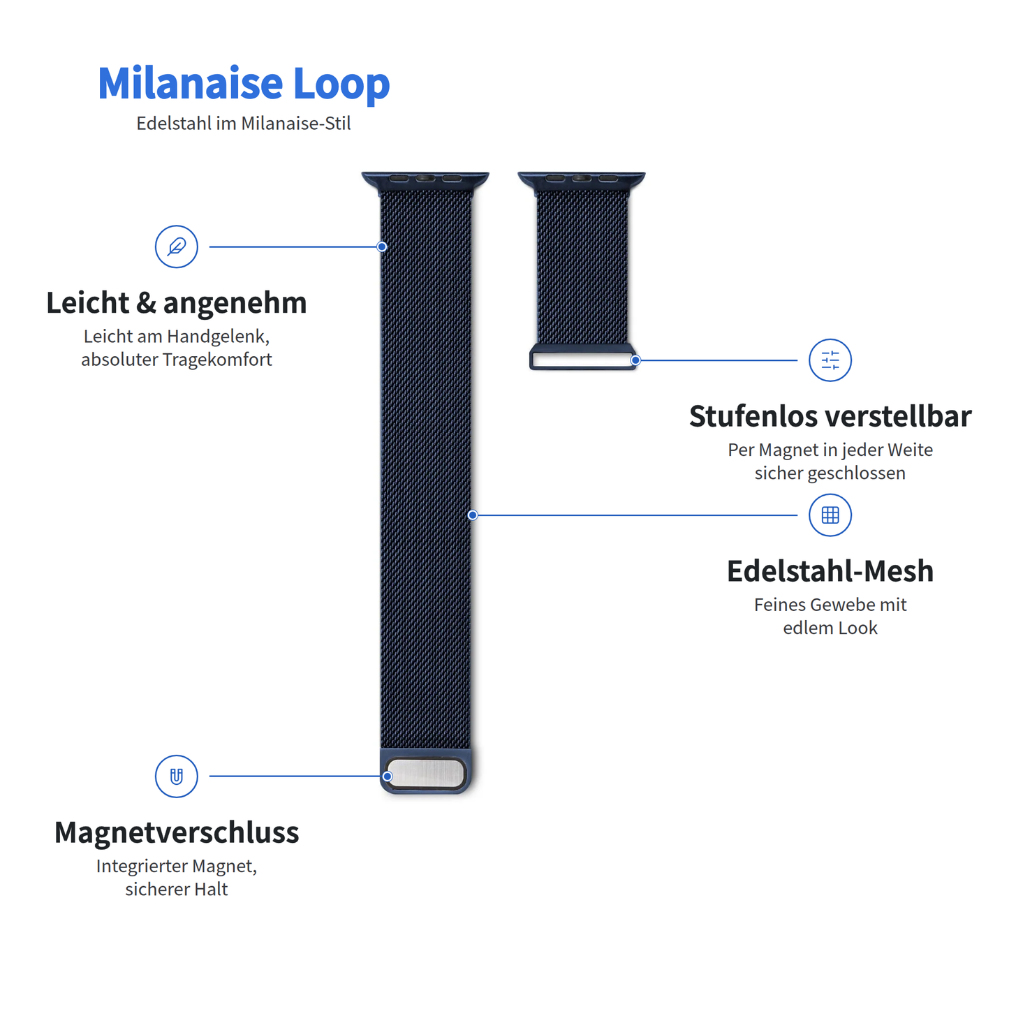 Zwei Milanaise-Armbänder im Arktis-Design, schwarz, aus Edelstahl mit Magnetverschluss und stufenlos verstellbar.