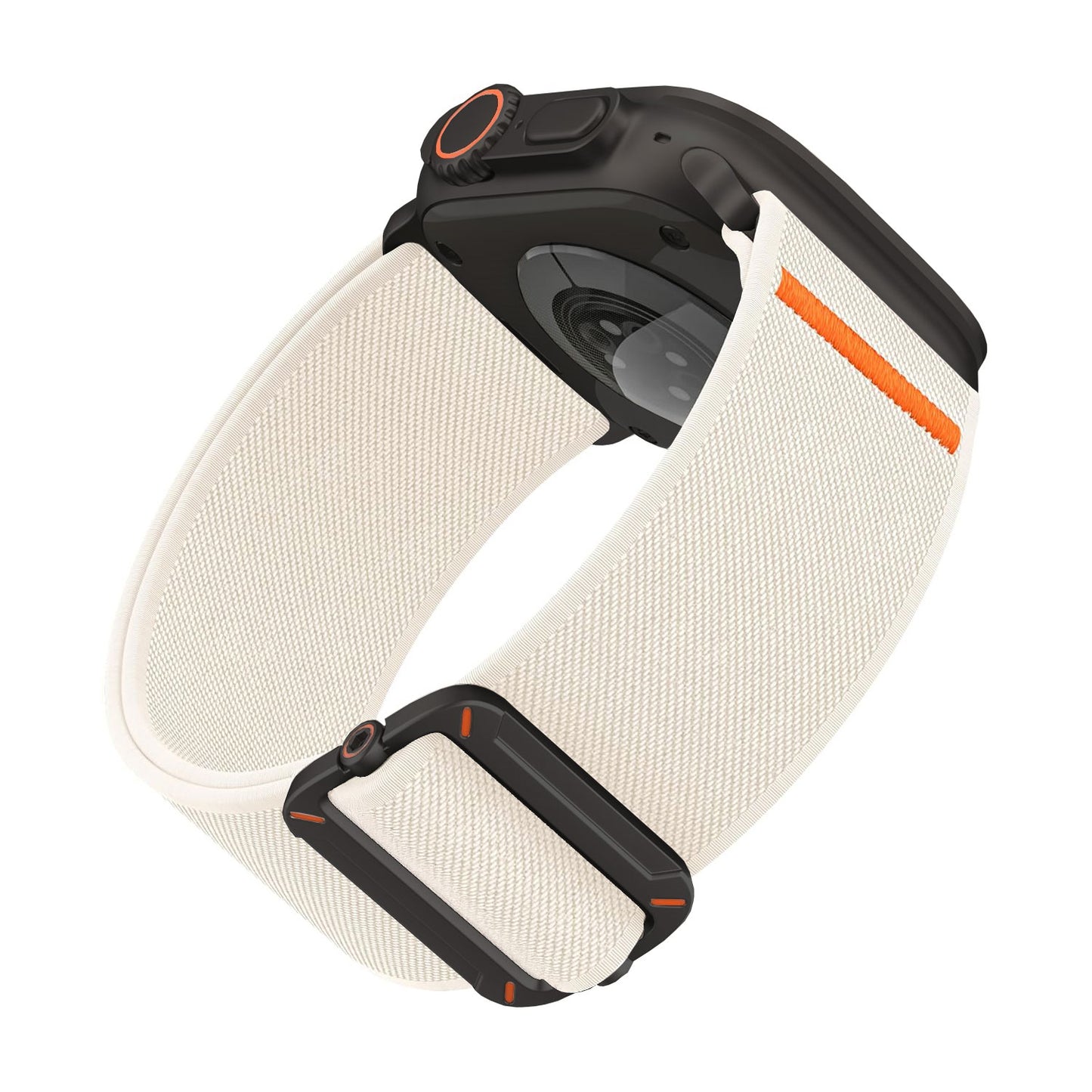 Das arktisband Apple Watch Nylonarmband "FlexOne" hat ein weißes Nylonarmband, ein schwarzes Gehäuse und auffällige orangefarbene Akzente an der Schnalle und Krone für einen modernen Stil.