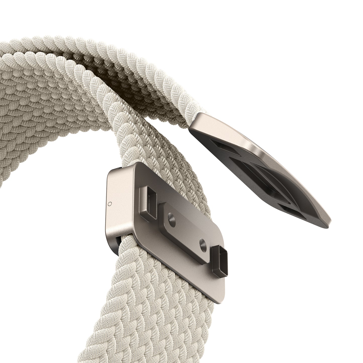 Nahaufnahme des arktisband Geflochtenen Apple Watch Ultra Armbandes "Casual" in beige mit silbernem Magnetverschluss, designed by arktisband.