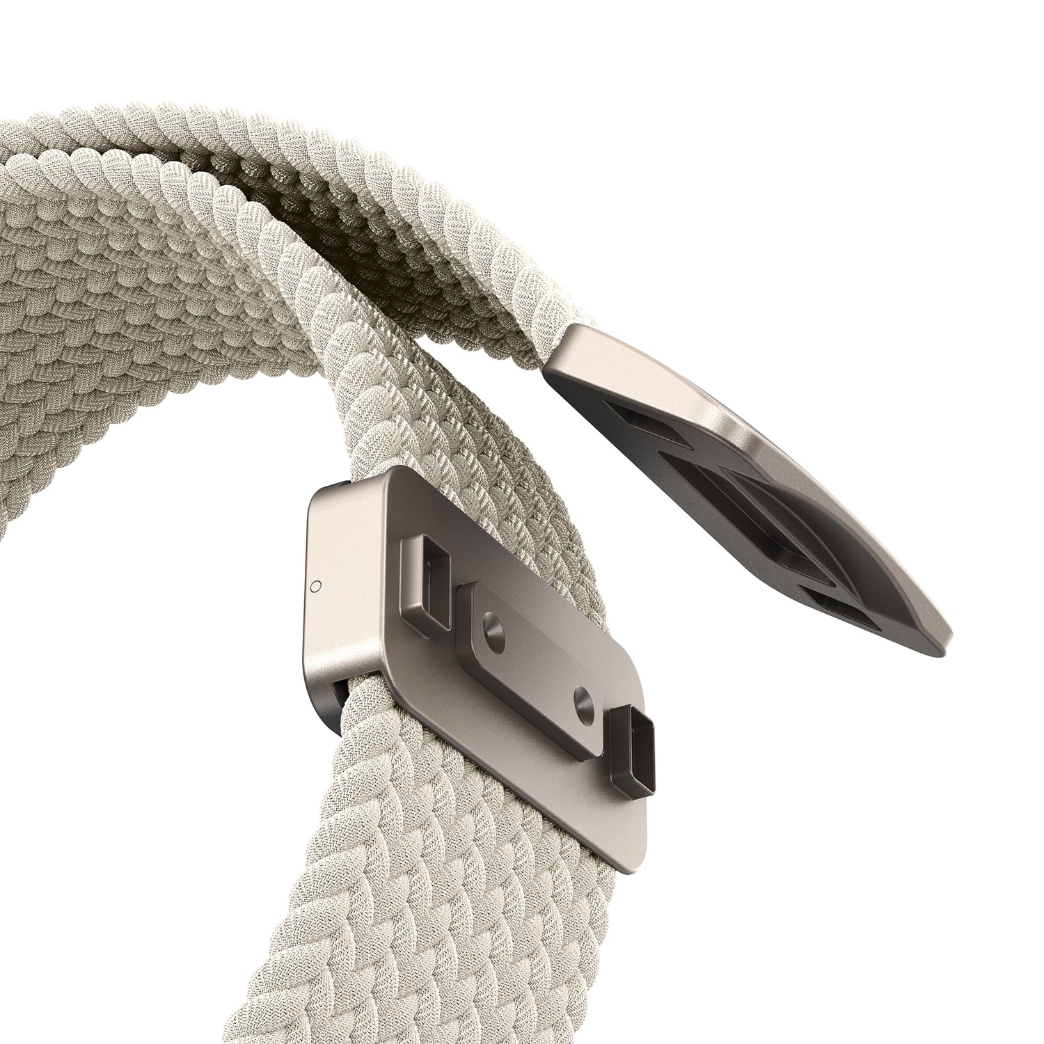 Nahaufnahme des arktisband Geflochtenen Apple Watch Ultra Armbandes "Casual" in beige mit silbernem Magnetverschluss, designed by arktisband.