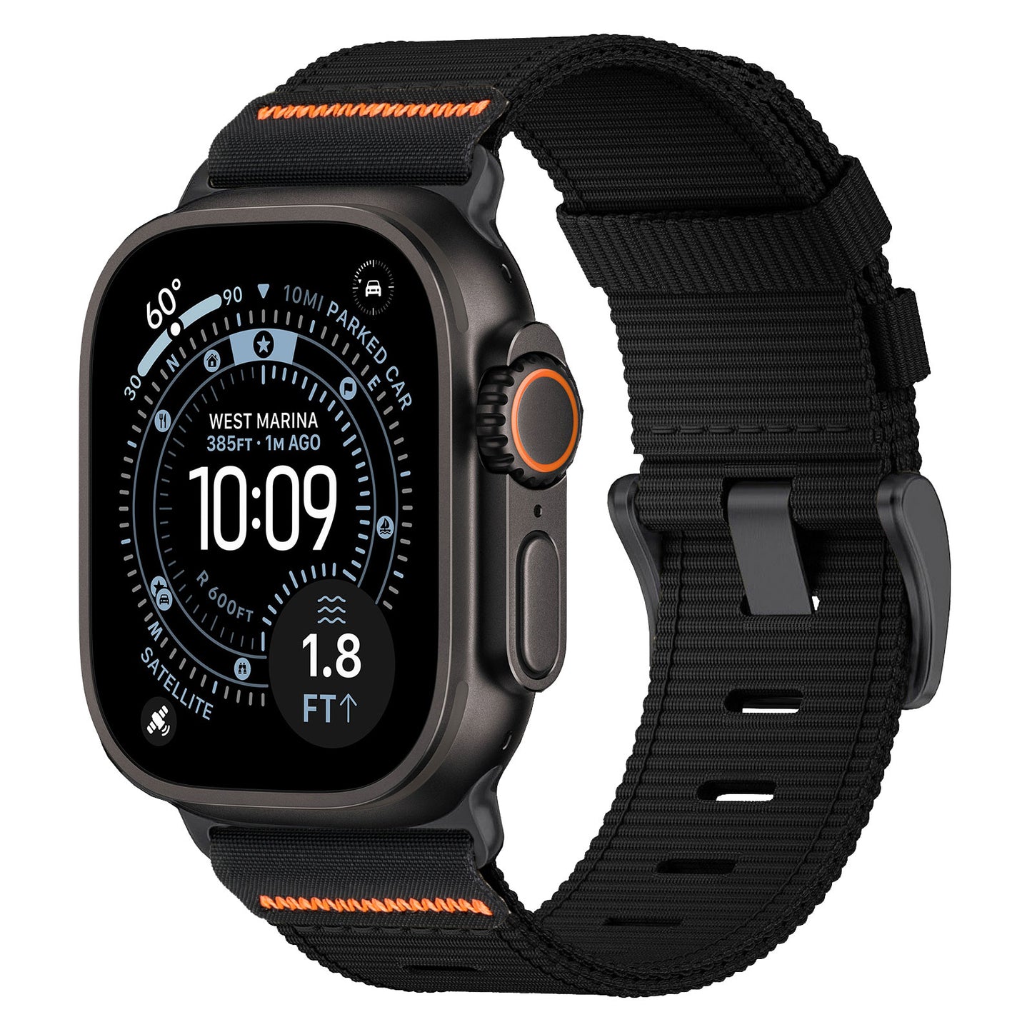 Das arktisband Apple Watch Armband "Terra" ist eine schwarze Smartwatch mit orangefarbenem Akzent und extrabreitem Nylonband, die auf ihrem runden Bildschirm die Uhrzeit und digitale Messwerte anzeigt.