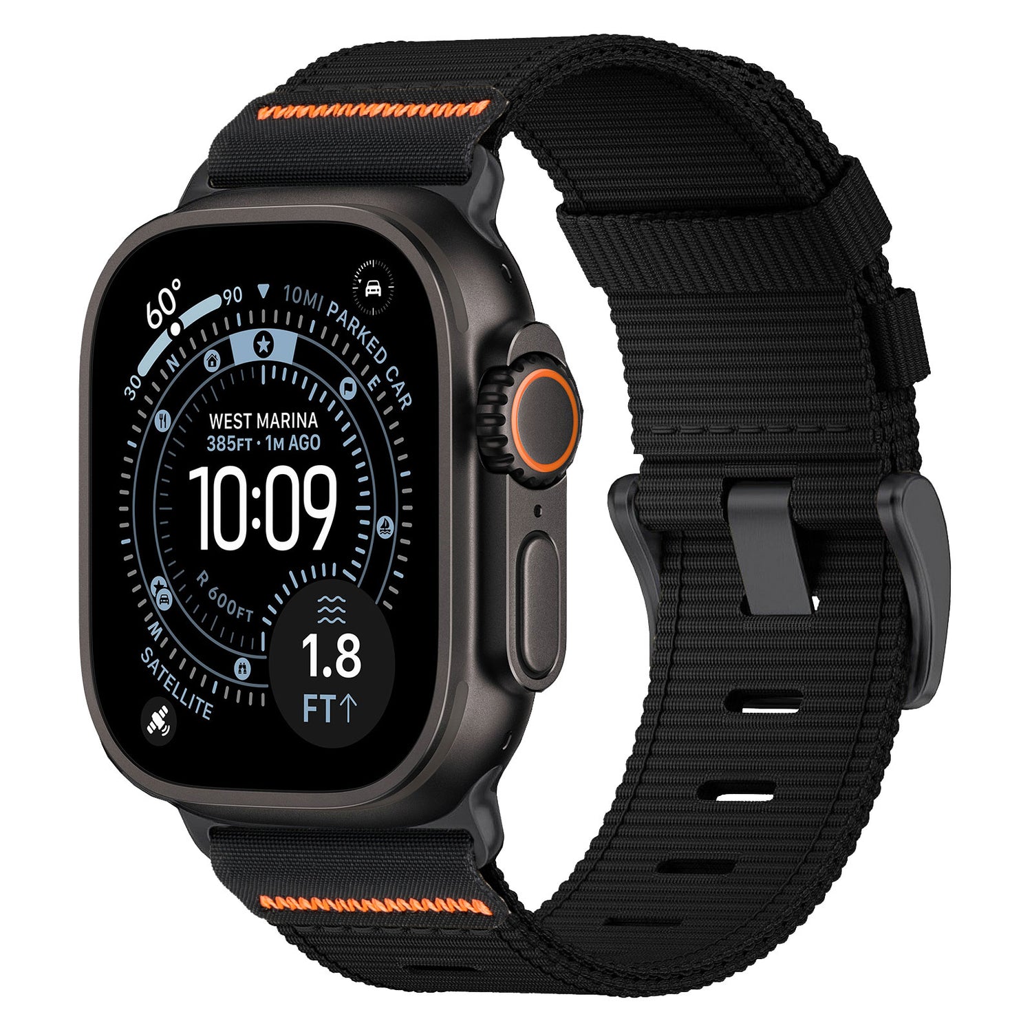Das arktisband Apple Watch Armband "Terra" ist eine schwarze Smartwatch mit orangefarbenem Akzent und extrabreitem Nylonband, die auf ihrem runden Bildschirm die Uhrzeit und digitale Messwerte anzeigt.