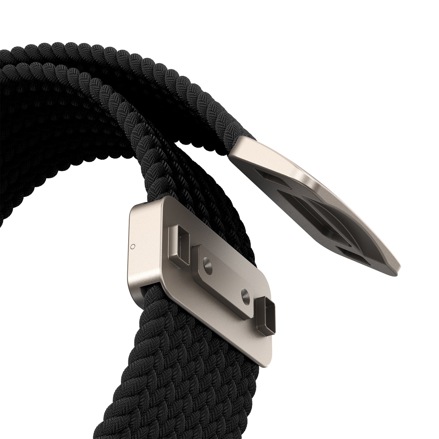 Nahaufnahme des Arktisbandes Geflochtenes Apple Watch Ultra Armband "Casual" in schwarz mit magnetischem Verschluss und silbernem Stecker, dargestellt auf weißem Hintergrund.