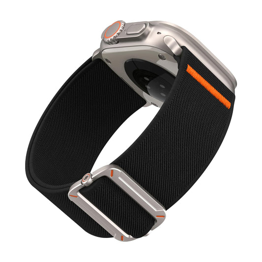 Die arktisband Apple Watch Nylonarmband "FlexOne" Smartwatch mit schwarzem Stretch-Nylonband mit orangefarbenen Akzenten wird von hinten und von der Seite gezeigt.