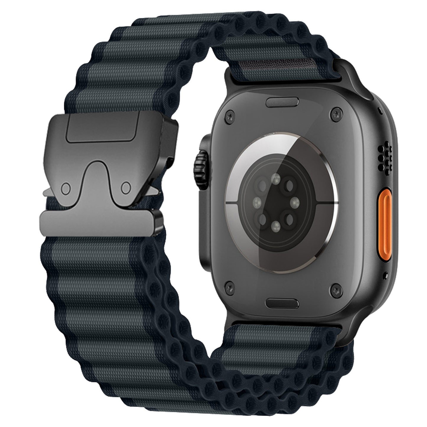 Das arktisband Apple Watch Armband "CoreX" verfügt über ein schwarzes, robustes Rippenband im Wave-Look-Stil mit einem großen Parachute-Verschluss, der von hinten gezeigt wird und die eingebauten Sensoren hervorhebt.