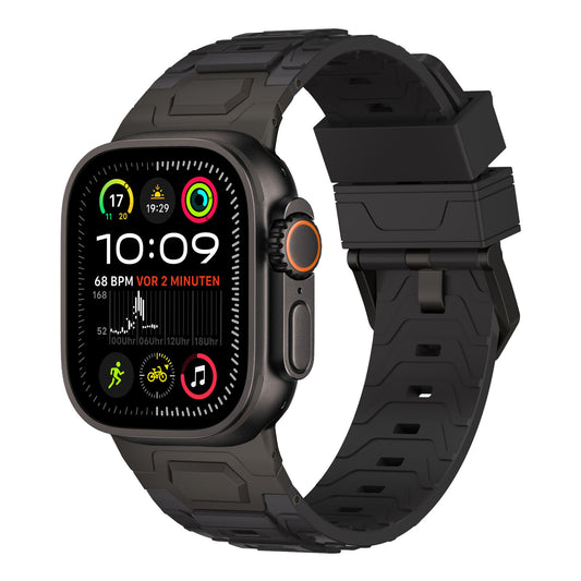 Apple Watch Ultra mit dem Armband „Orbiter“ aus schwarzem FKM