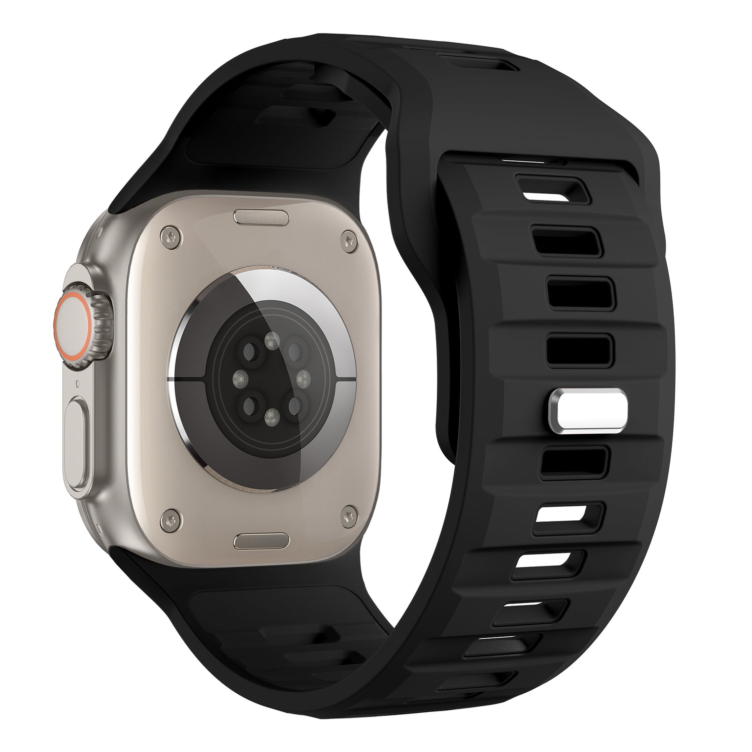 Das Bild zeigt das arktisband Apple Watch Silikonarmband „Runner“ in Schwarz mit atmungsaktiver Bandstruktur, kompatibel mit der Apple Watch. Es verfügt über ein Sensor-Array, ein Metallgehäuse und einen rot akzentuierten Knopf auf weißem Hintergrund.