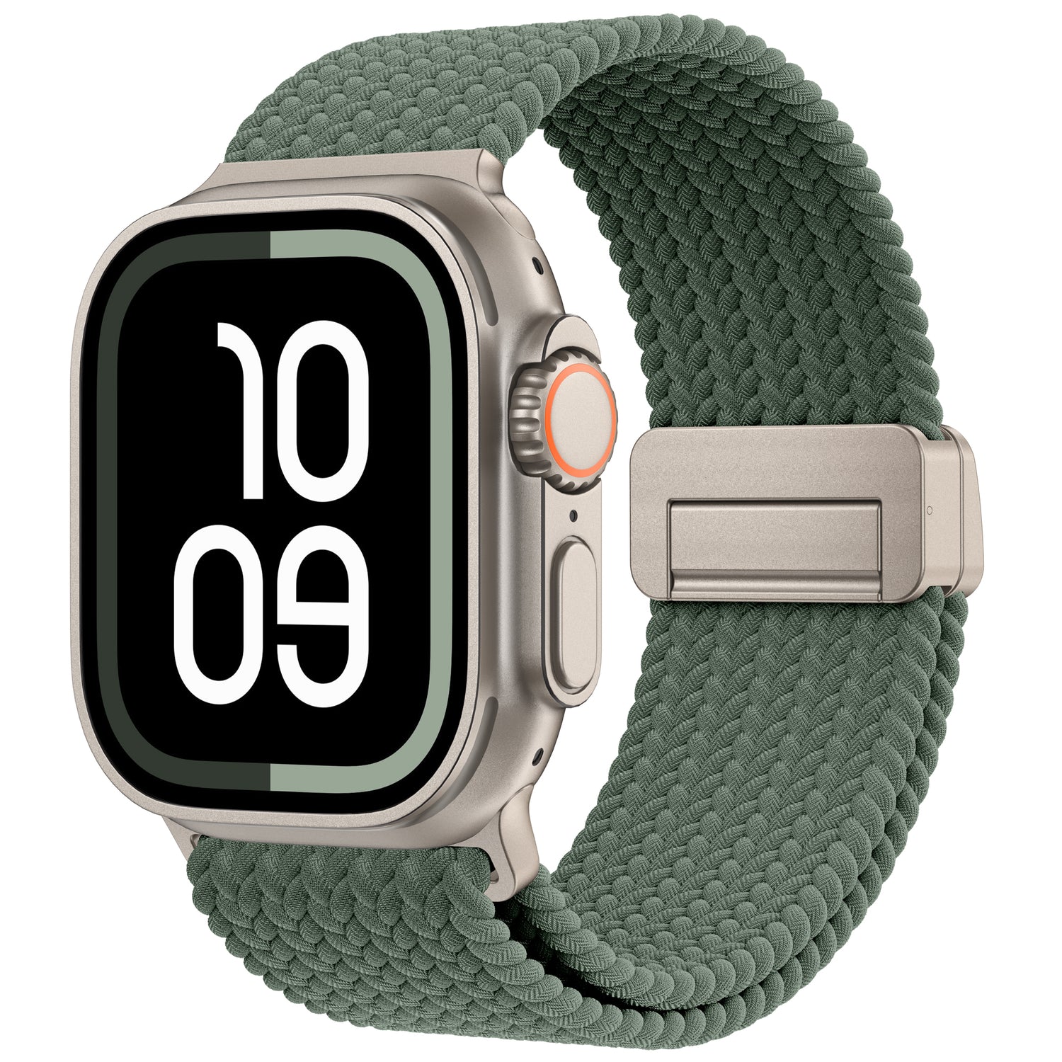 Das arktisband Geflochtenes Apple Watch Ultra Armband "Casual" mit Magnetverschluss in grün ist auf einer Smartwatch mit einer großen Digitalanzeige abgebildet, die 10:09 anzeigt.