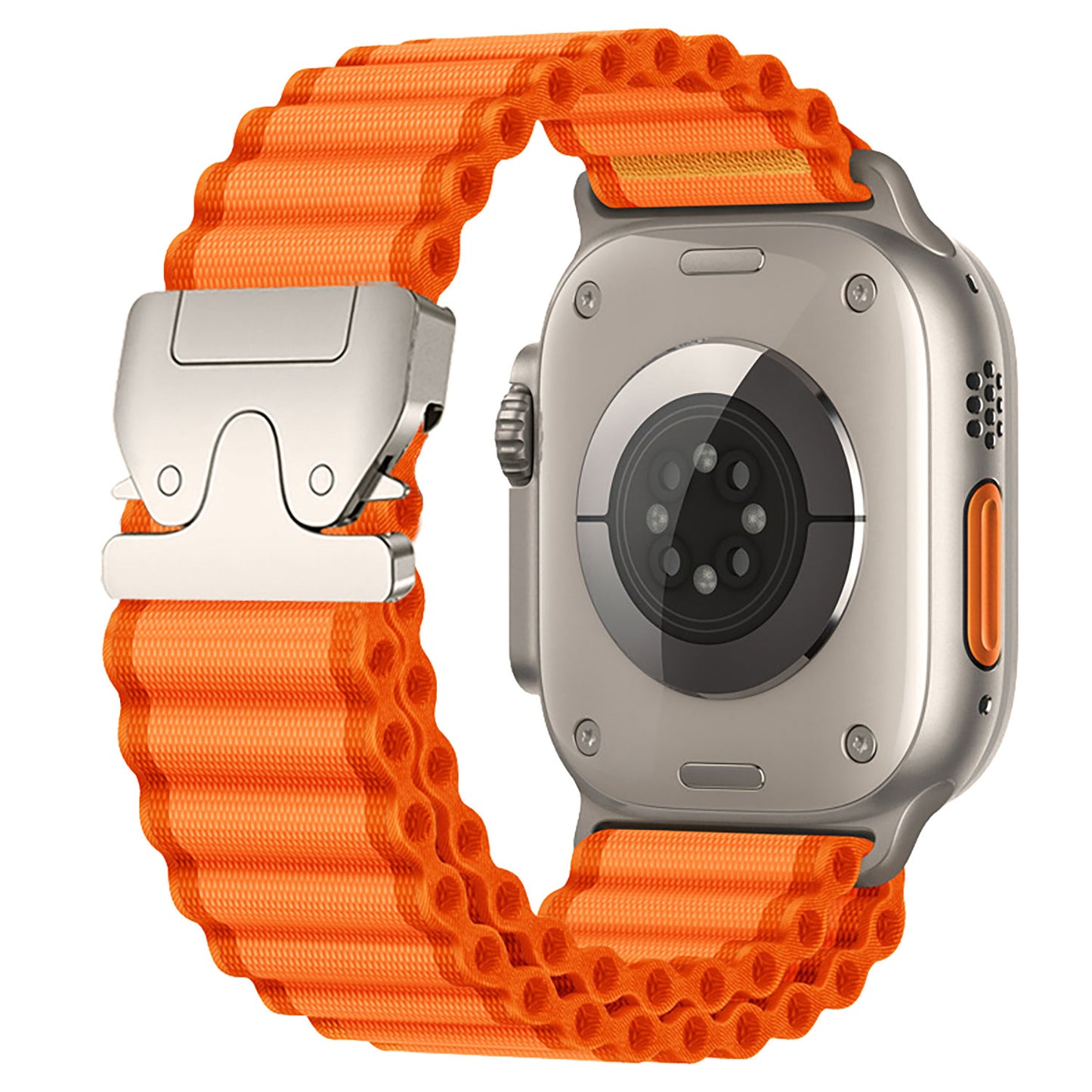 Das arktisband Apple Watch Armband "CoreX" zeigt eine silberne Smartwatch mit einem orangefarbenen, strukturierten Nylonband und einem metallischen Parachute-Verschluss, hier von hinten. Ideal für stilvolle Apple Watch-Träger.