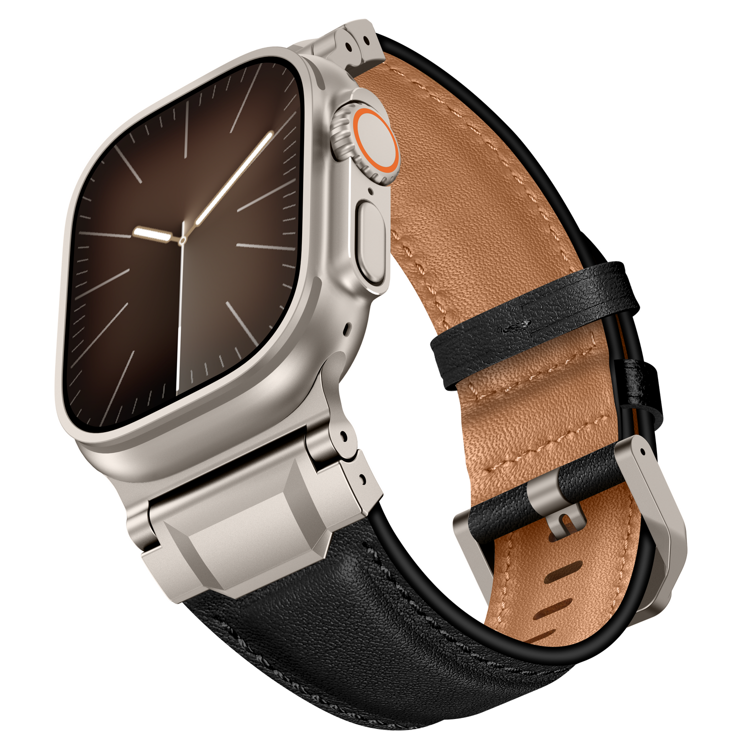 Das Arktisband Apple Watch Ultra mit dem "Delta" Lederarmband hat ein silbernes Edelstahlgehäuse, ein braunes analoges Ziffernblatt und ein schwarzes Lederarmband, das schräg gestellt ist.