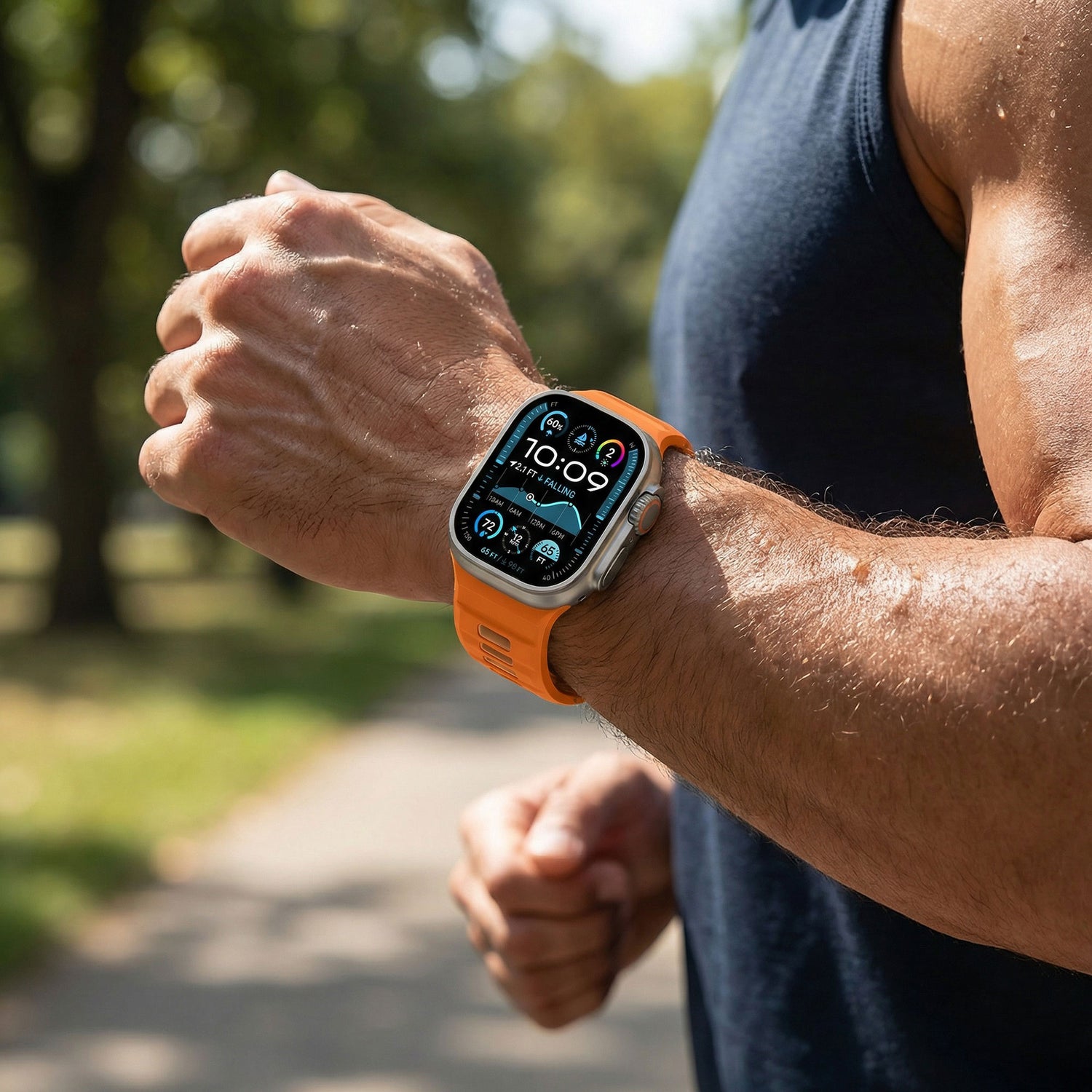 Eine Person, die ein Arktisband Apple Watch Silikonarmband "Runner", kompatibel mit Apple Watch, trägt, genießt einen sonnigen Tag im Freien, während sie auf das Display schaut.