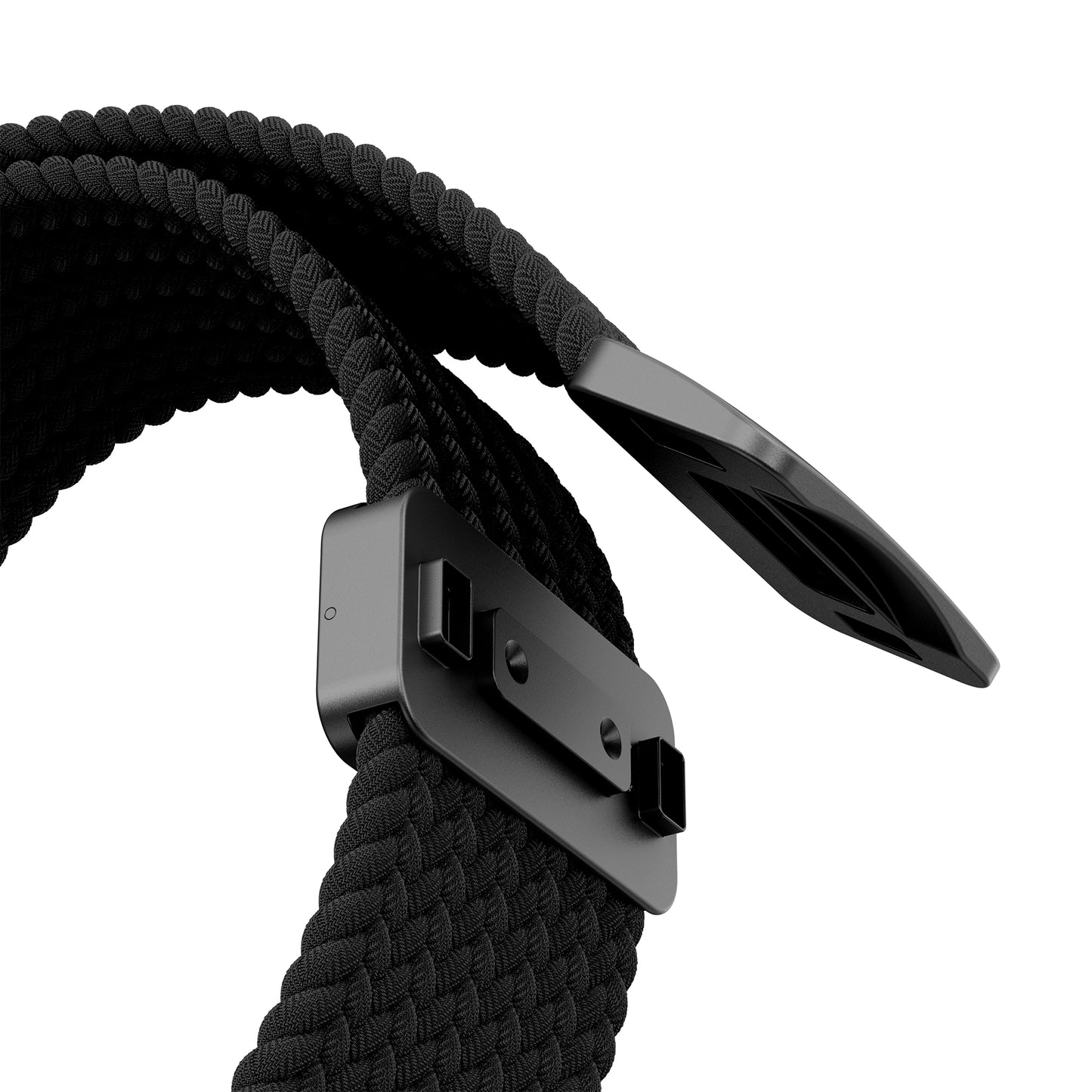Nahaufnahme eines arktisbandgeflochtenen Apple Watch Ultra Armbandes "Casual" in Schwarz, mit elegantem Magnetverschluss und passenden Steckverbindern für die Apple Watch Ultra.