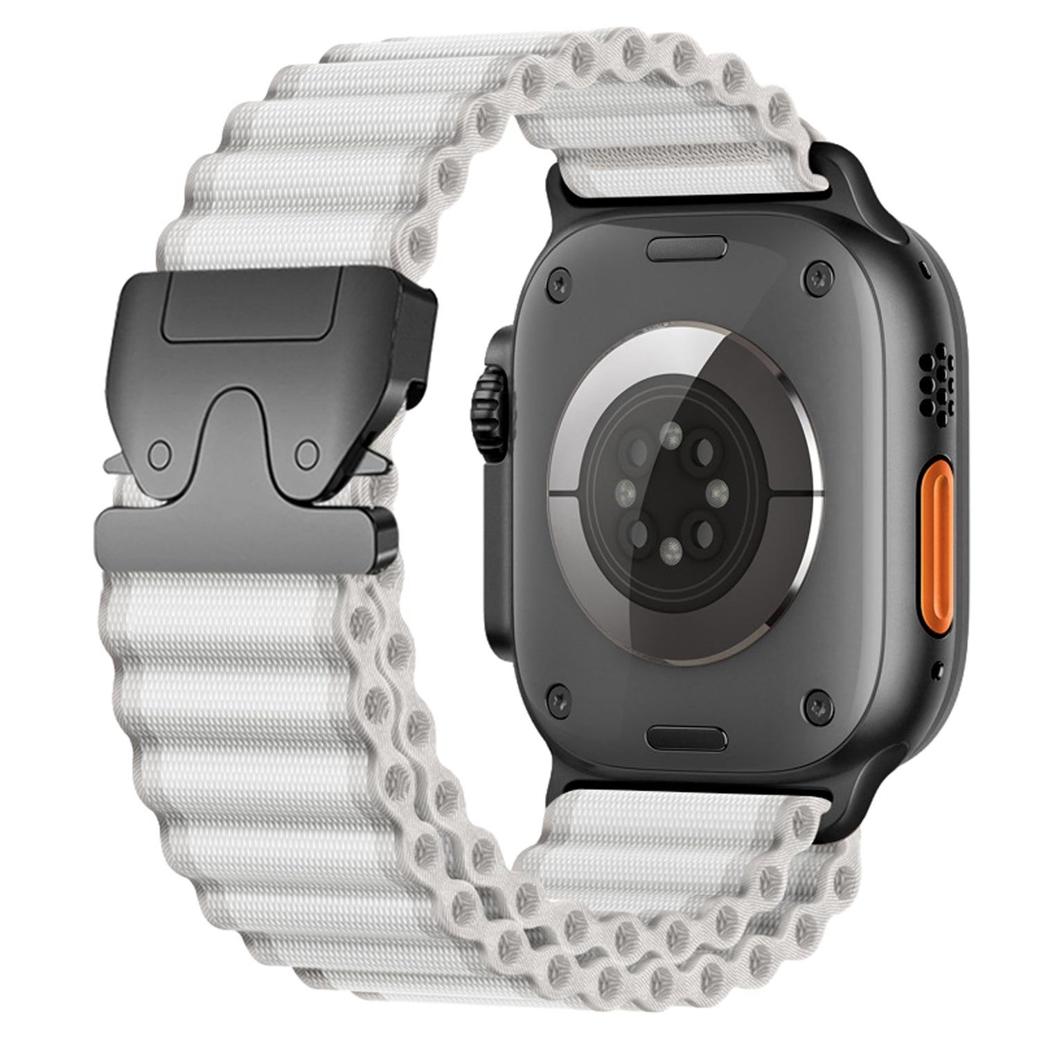 Ein arktisband Apple Watch Armband "CoreX" in weiß mit strukturierter Oberfläche und Fallschirm-Verschluss, gepaart mit einem schwarzen Gehäuse, wird von hinten gezeigt.