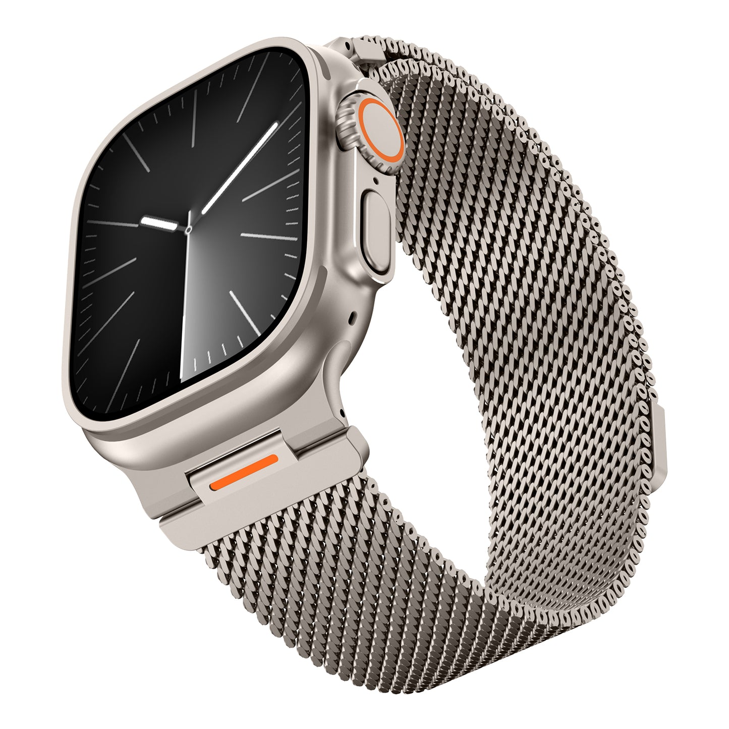 Das arktisband Apple Watch Milanaise Armband "Bold SE" ist ein silbernes Smartwatch-Accessoire mit schlankem Mesh-Edelstahl-Design und schwarzem Analog-Display, schräg dargestellt.