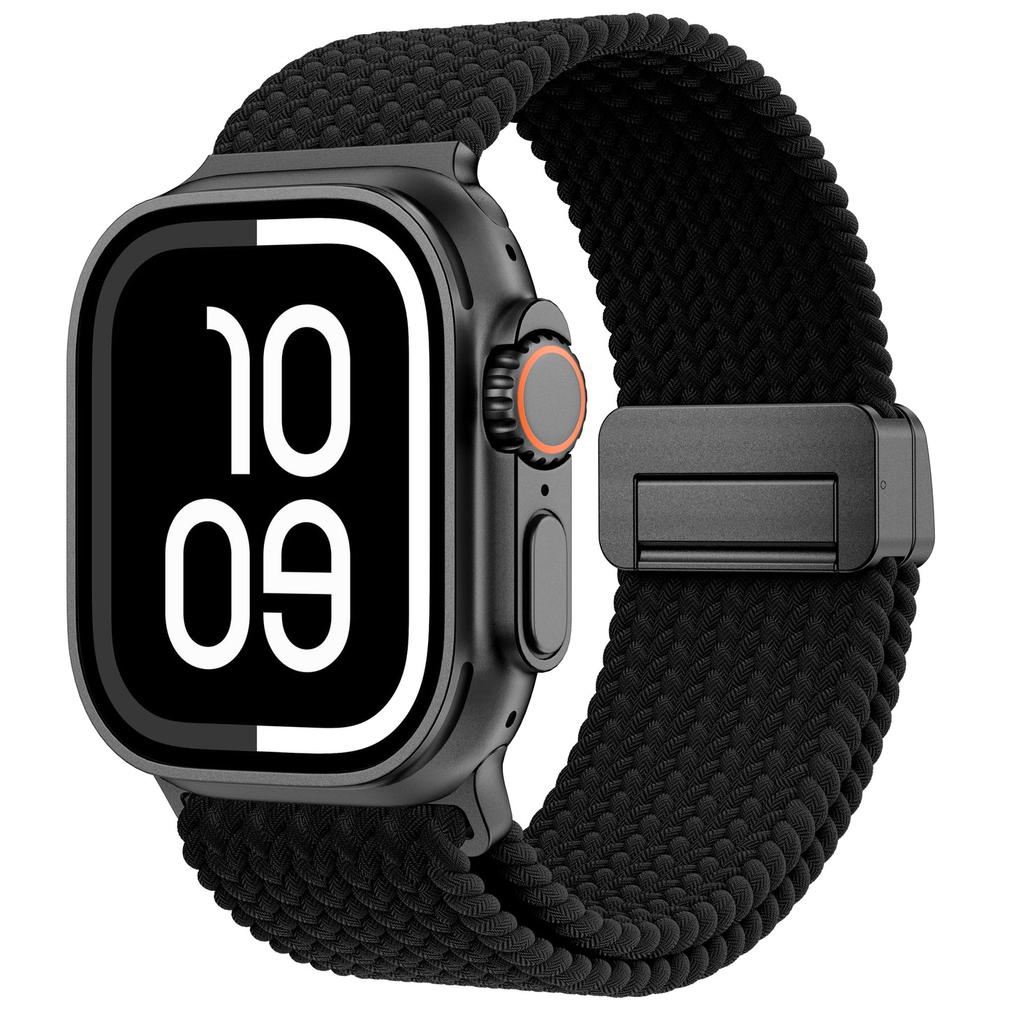 Das arktisband Geflochtenes Apple Watch Ultra Armband "Casual" mit Magnetverschluss in schwarz wird mit einer fetten Digitaluhranzeige um 10:09 Uhr dargestellt.