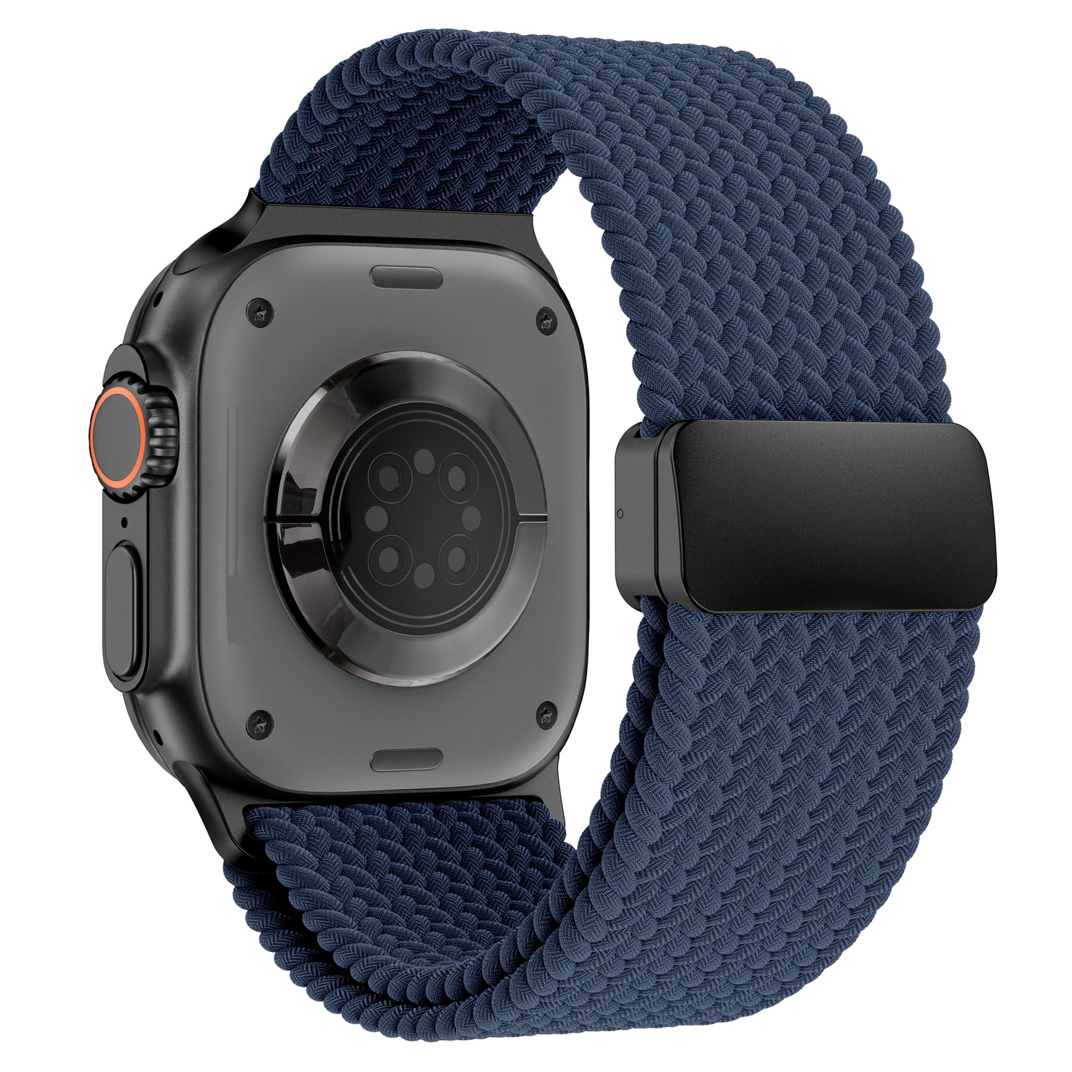 Rückansicht des Arktisbandes Geflochtenes Apple Watch Ultra Armband "Casual" mit blauem Flechtband, Magnetverschluss und schwarzem Gehäuse.