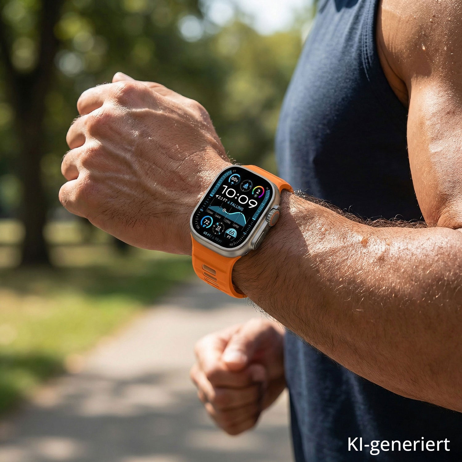 Eine Person in einem ärmellosen Shirt begutachtet im Freien ein Arktisband Apple Watch-Silikonarmband „Runner“ mit einem extrabreiten 26-mm-Silikonarmband.
