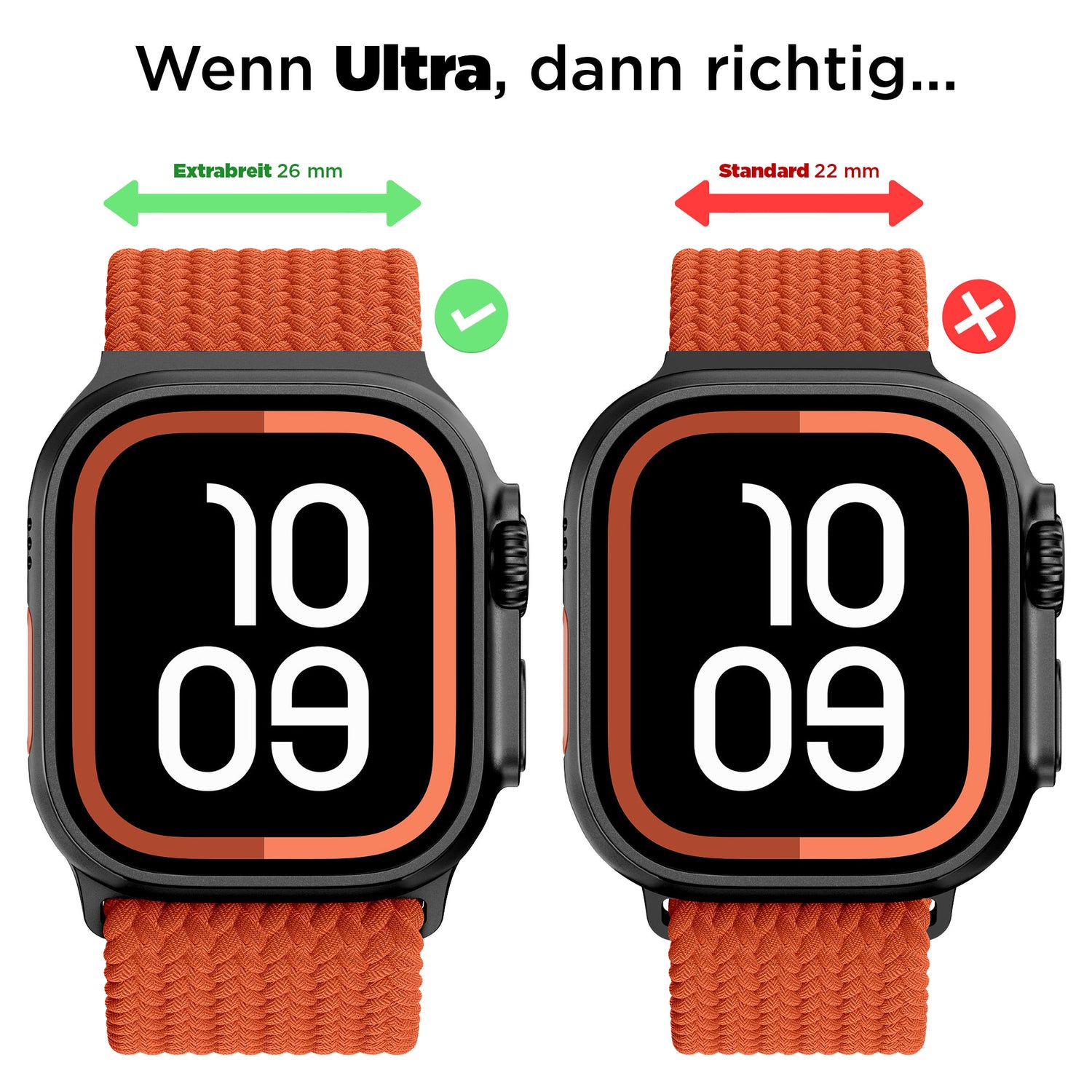 Abgebildet sind zwei arktisbandgeflochtene Apple Watch Ultra Armbänder "Casual" mit orangen Bändern: das linke ist 26mm breit, das rechte 22mm. Beide verfügen über Polyestergarn und Magnetverschlüsse, abgebildet mit Vergleichssymbolen.