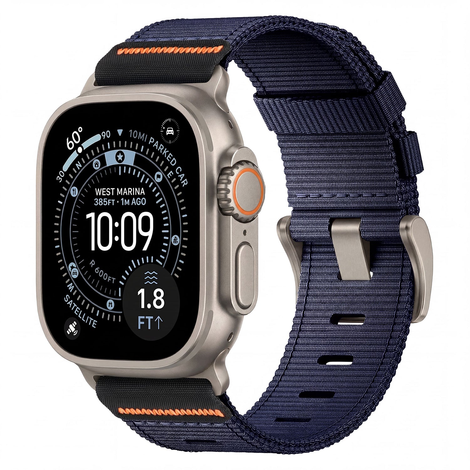 Das arktisband Apple Watch Armband "Terra" von arktisband besteht aus einer silbernen Smartwatch mit einem dunkelblauen, extrabreiten Outdoor-Nylon-Armband, das Zeit, Temperatur und Aktivitätsdaten anzeigt - ideal für einen aktiven Lebensstil.