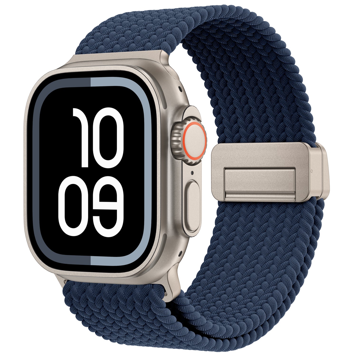 Das arktisband Geflochtenes Apple Watch Ultra Armband "Casual" hat ein blaues geflochtenes Design, einen magnetischen Metallverschluss und wird auf einer Smartwatch-Digitalanzeige mit 10:09 angezeigt.
