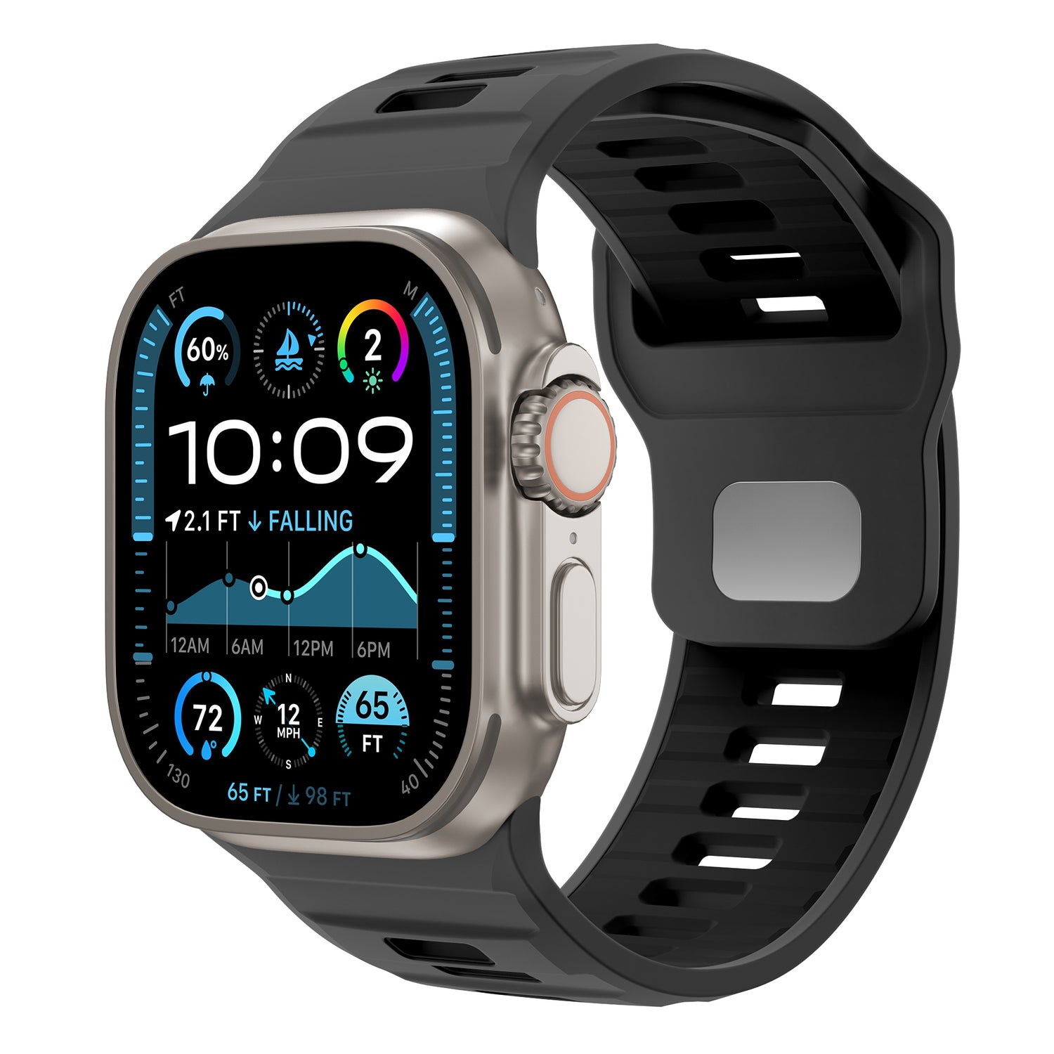 Das arktisband Apple Watch Silikonarmband „Runner“ ist ein schwarzes Silikonarmband mit silbernem Gehäuse und seitlichen Tasten sowie einem leuchtenden digitalen Display, das Uhrzeit, Wetter, Aktivitätsringe, Herzfrequenz und Fitnessdaten anzeigt. Apple Watch kompatibel.