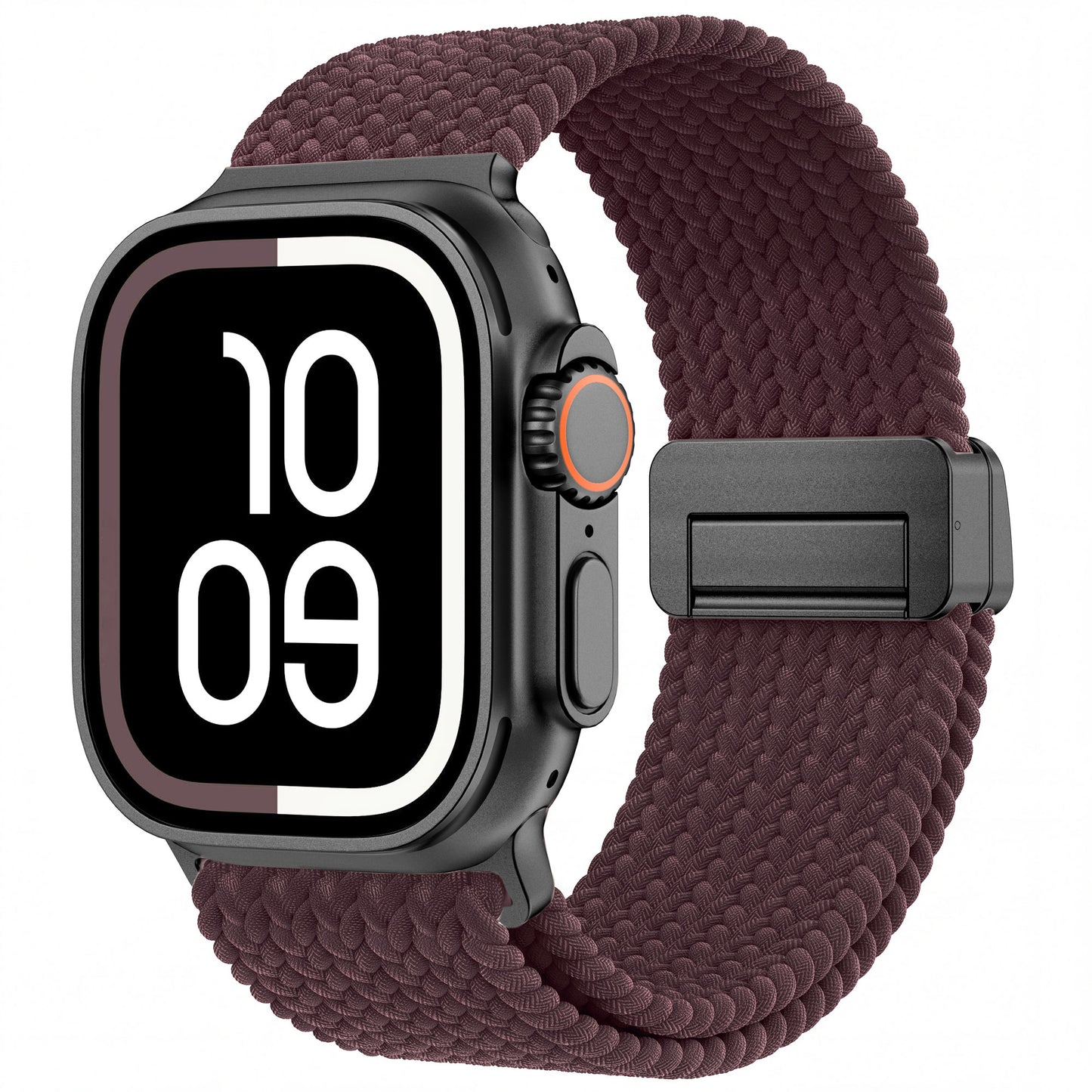 Eine Smartwatch mit dem Arktisband „Geflochtenes Apple Watch Ultra Armband ‚Casual‘“ mit Magnetverschluss in Bordeauxrot und einem markanten Digitaldisplay, das 10:09 anzeigt.