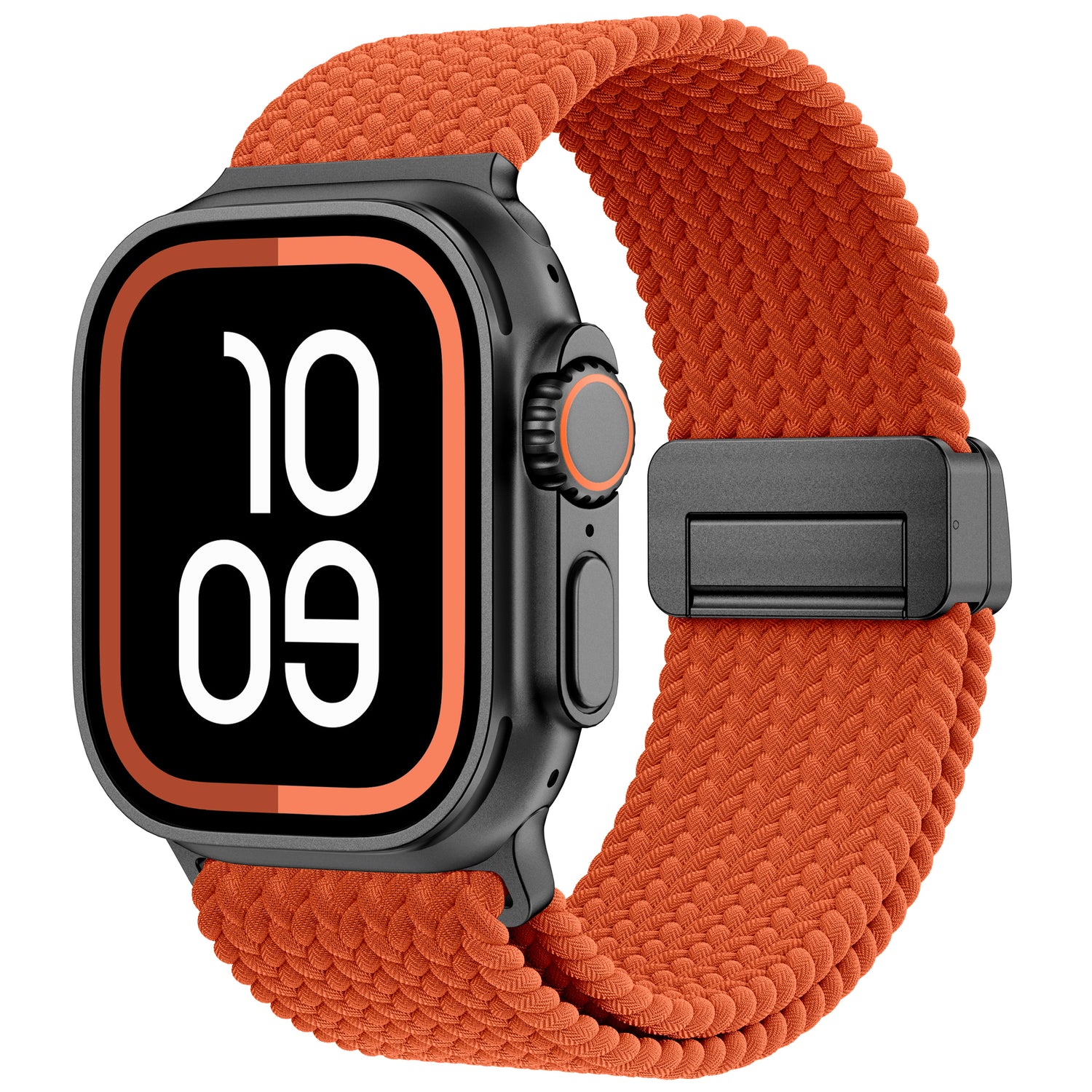 Das arktisband Geflochtenes Apple Watch Ultra Armband "Casual" mit Magnetverschluss ist in Orange auf einer schwarzen Smartwatch abgebildet und zeigt 10:09 auf dem Display an.