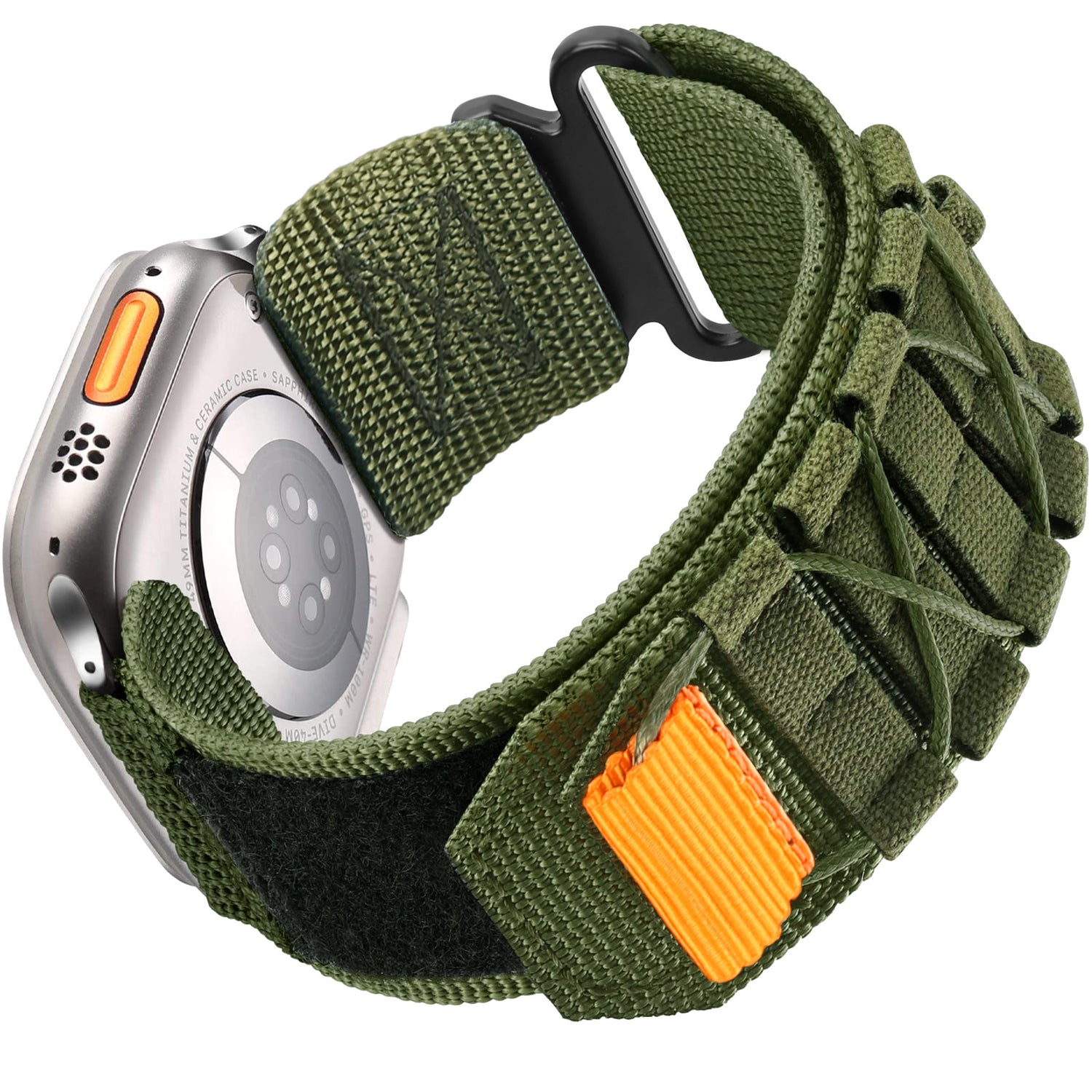 Eine Nahaufnahme des arktisband Apple Watch Outdoor Armbands "Forge" mit grünem Nylonband und orangem Akzent in der Nähe der Schnalle, von arktisband.