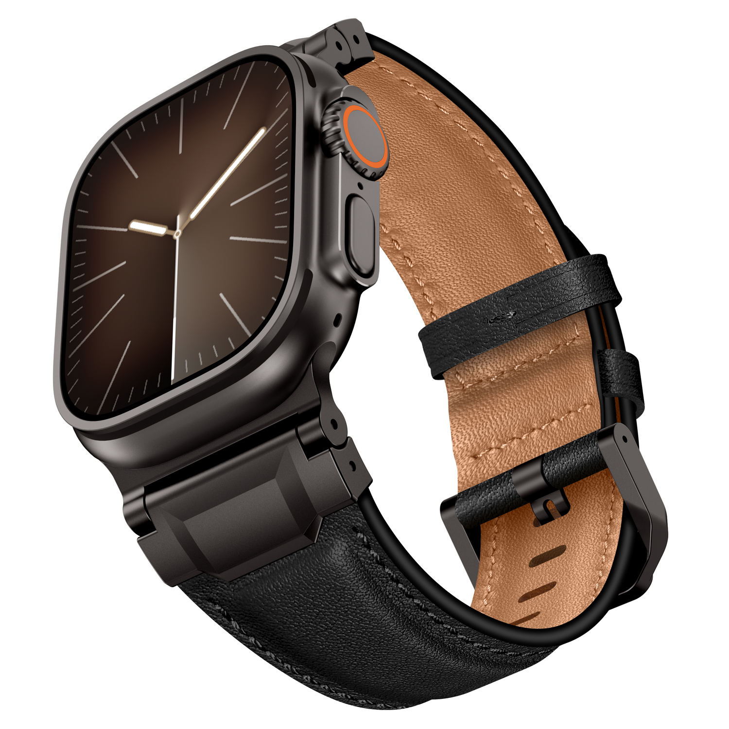 Eine schwarze Apple Watch Ultra mit dem Arktisband Apple Watch Ultra Lederarmband "Delta" in Braun und einem eleganten analogen Ziffernblatt, das sich durch eine schlichte Edelstahl-Oberfläche auszeichnet.