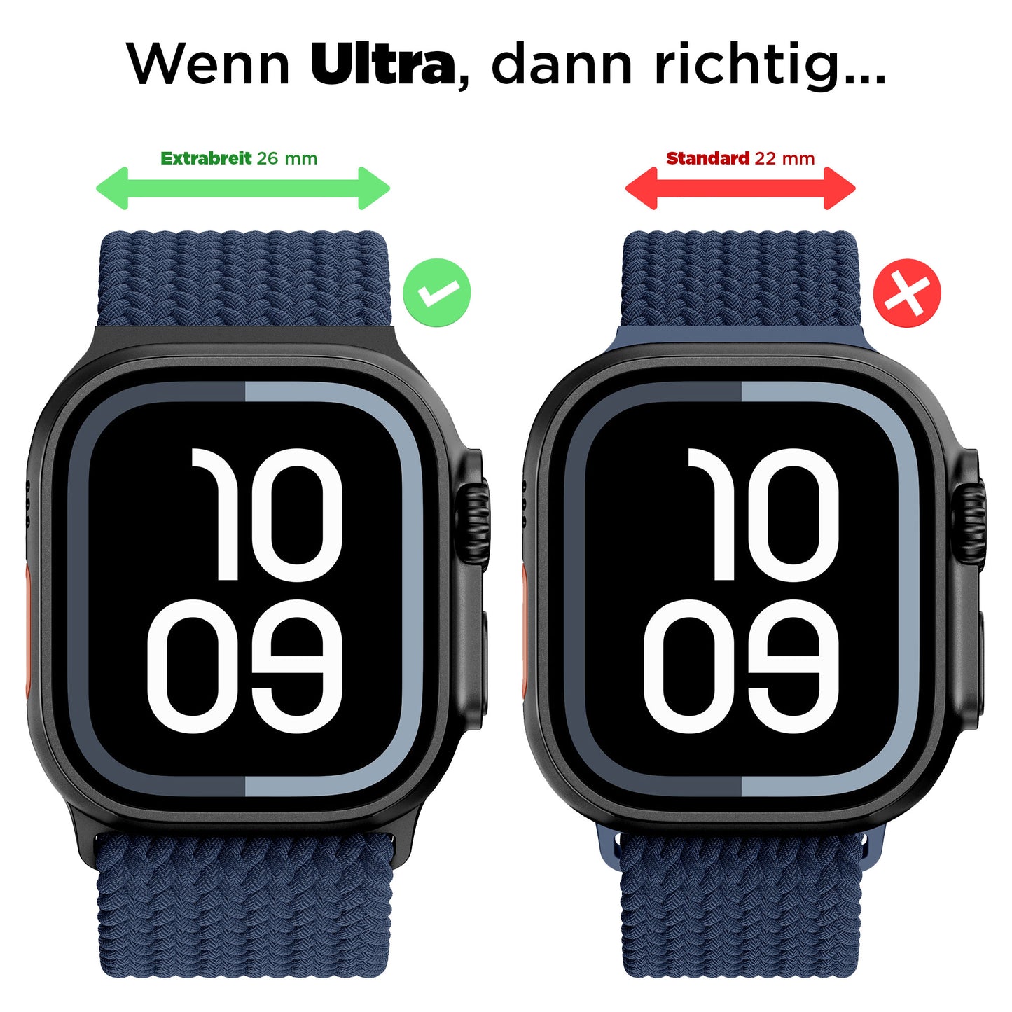 Vergleich zweier Smartwatches mit breitem (26 mm) und normalem (22 mm) blauen Armband, mit dem arktisband Geflochtenes Apple Watch Ultra Armband "Casual" mit Magnetverschluss. Der deutsche Text wird oben angezeigt.