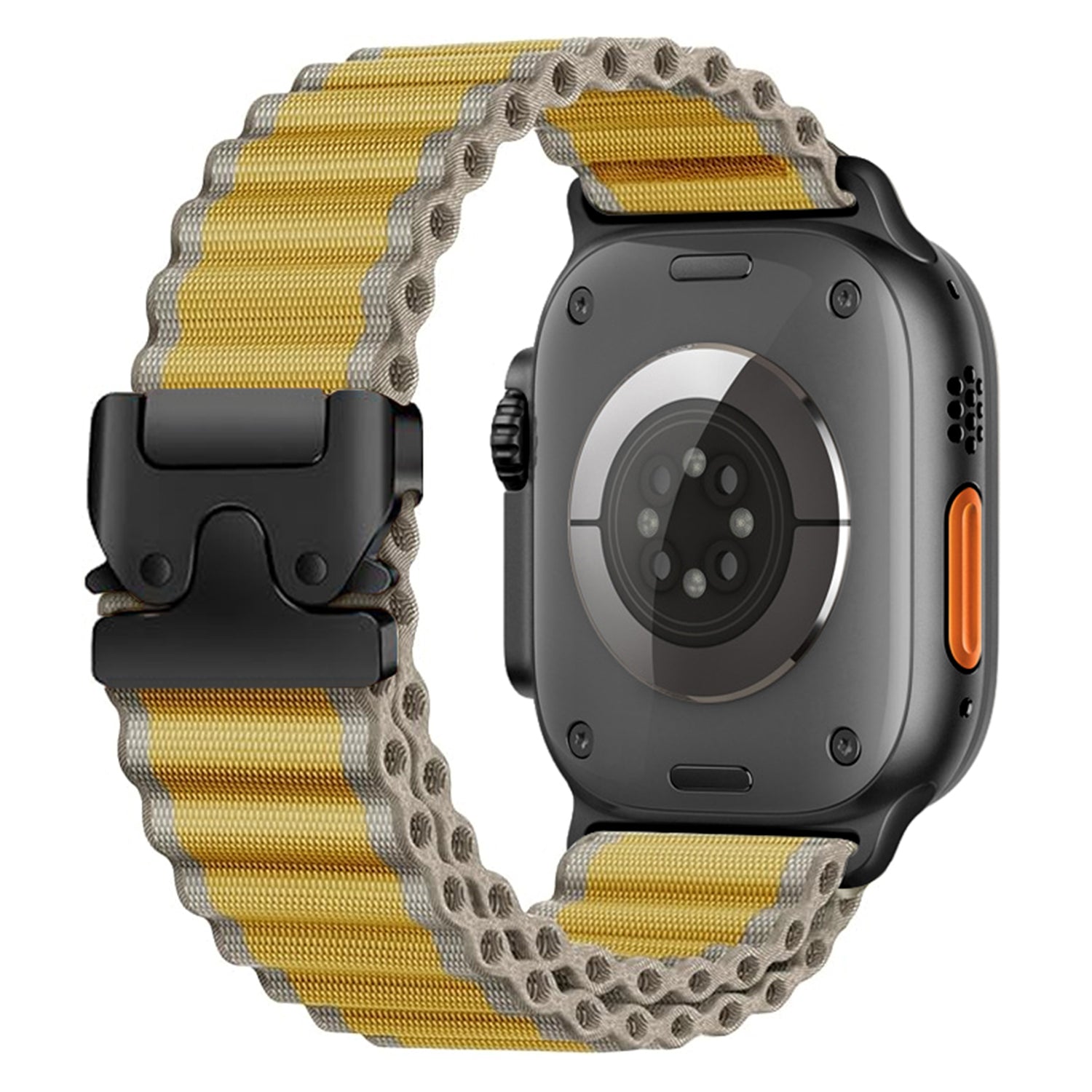 Rückansicht des arktisband Apple Watch Armbands "CoreX" mit gelbem und grauem Nylonband im Wave-Look Design mit schwarzem Metall-Fallschirm-Verschluss.